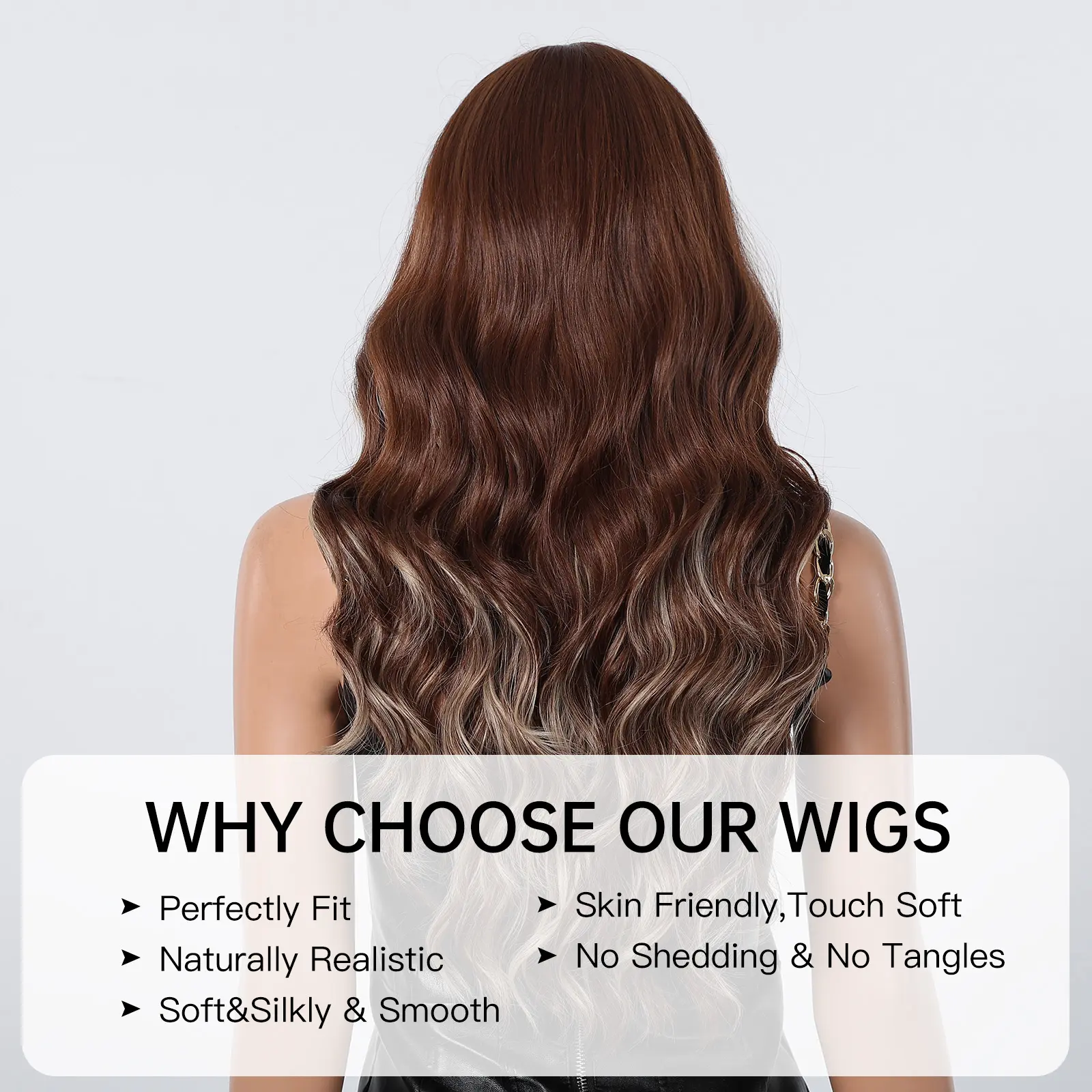 Long Brown Natural Big Wave Wigs With Bangs  Blonde Highlights Wavy Wig For Women Daily Synthetic Fake Hair High Temperature