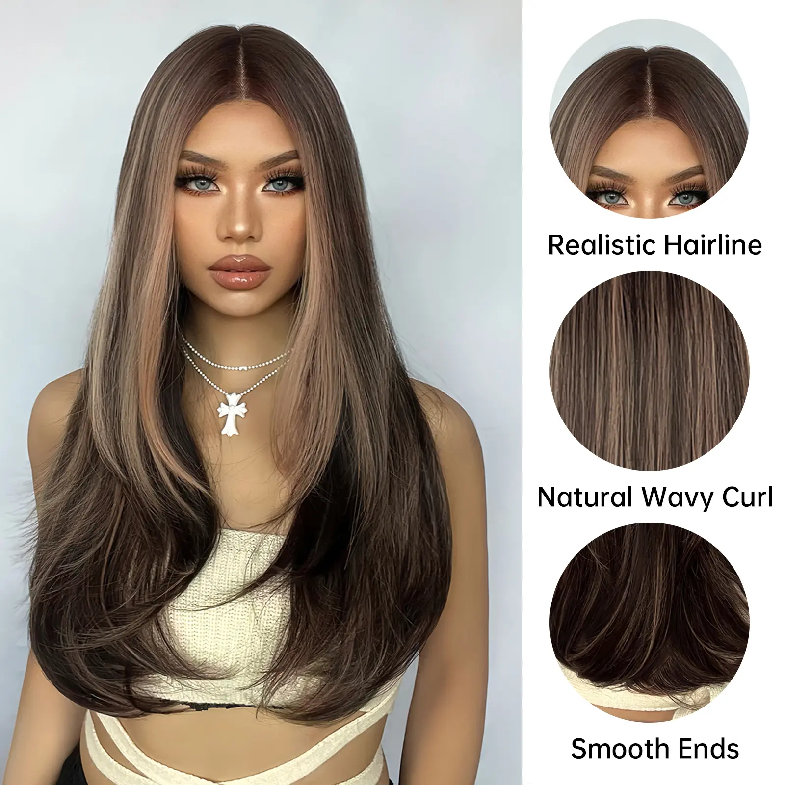Brown Highlights Long Body Wavy Wigs Natural Middle Part fake Hair Heat Resistant For women Daily Cosplay Party Synthetic wig