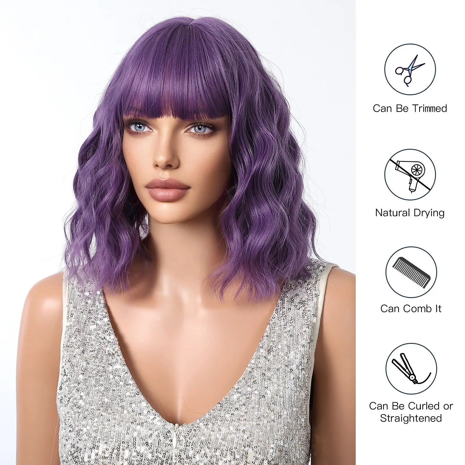 LOUIS FEREE Short Wavy Purple Synthetic Wigs for Women Natural Hair Cosplay Wigs With Bangs Daily Party Heat Resistant Fiber Wig