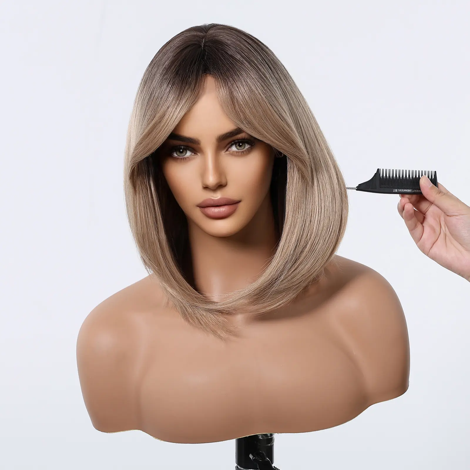 Brown Ombre Short Straight Synthetic Natural Wigs For Women With Eight Character Bangs For Party Daily Use Heat Resistant Hair