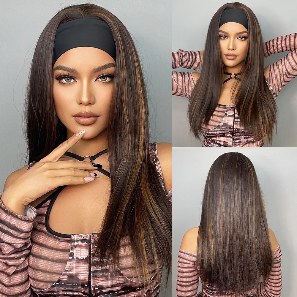 LOUIS FERRE Long Straight Headband Wigs for Women Brown Blonde Highlight Synthetic Headband Wig Heat Resistant Hair Wig Daily