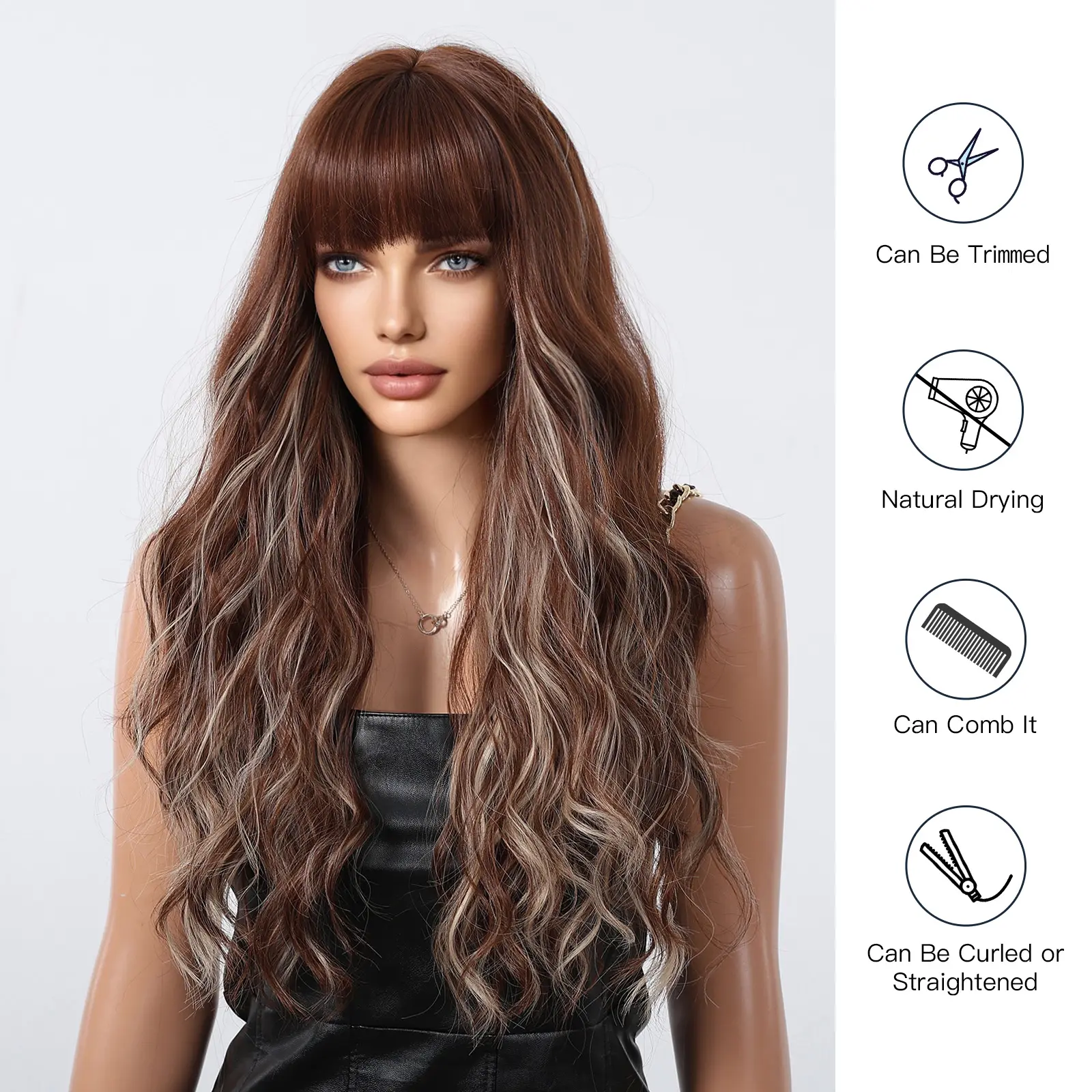 Long Brown Natural Big Wave Wigs With Bangs  Blonde Highlights Wavy Wig For Women Daily Synthetic Fake Hair High Temperature