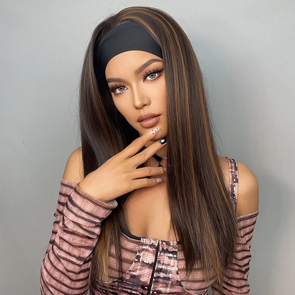 LOUIS FERRE Long Straight Headband Wigs for Women Brown Blonde Highlight Synthetic Headband Wig Heat Resistant Hair Wig Daily