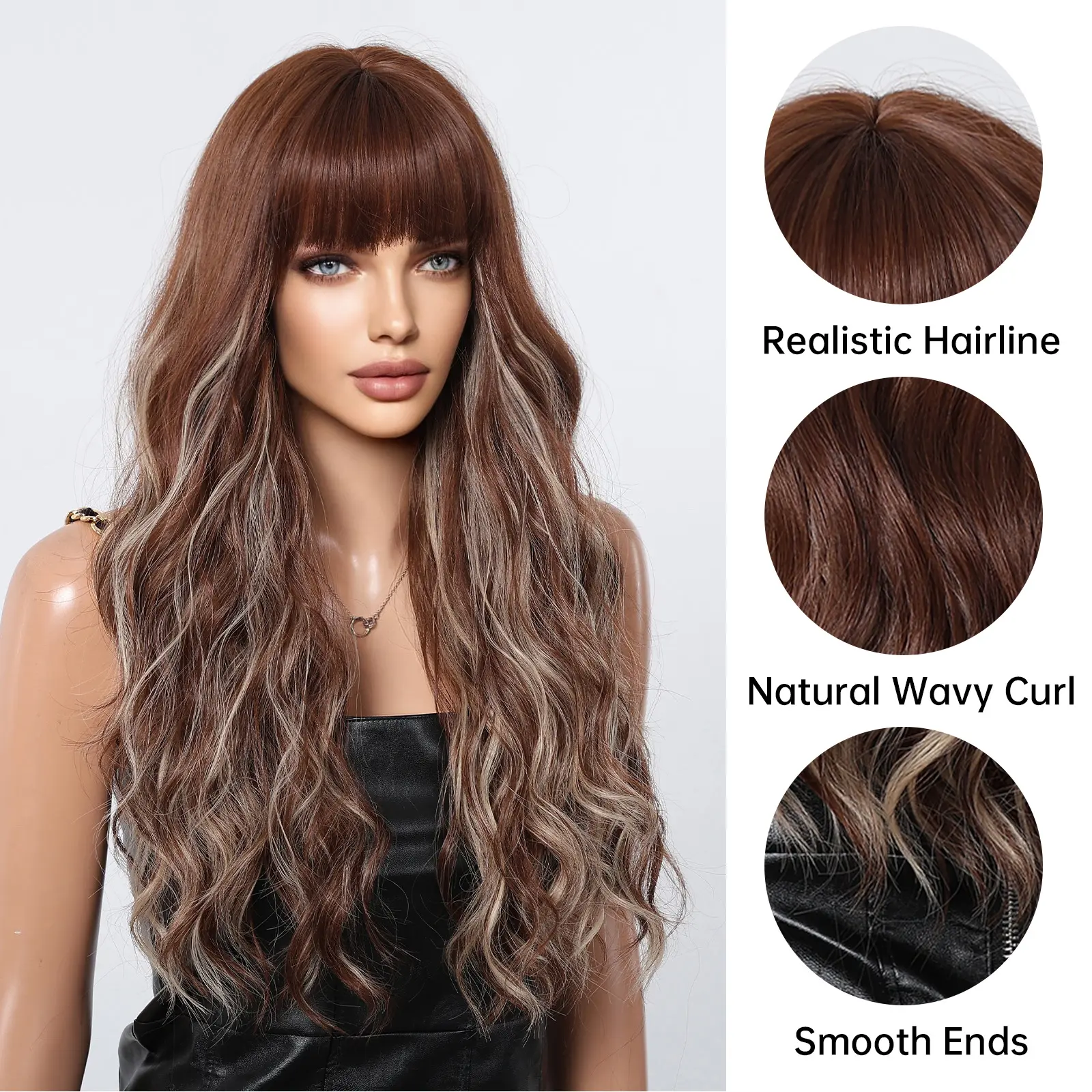 Long Brown Natural Big Wave Wigs With Bangs  Blonde Highlights Wavy Wig For Women Daily Synthetic Fake Hair High Temperature