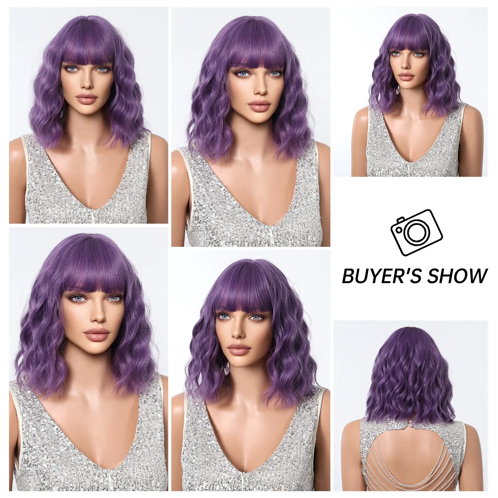 LOUIS FEREE Short Wavy Purple Synthetic Wigs for Women Natural Hair Cosplay Wigs With Bangs Daily Party Heat Resistant Fiber Wig