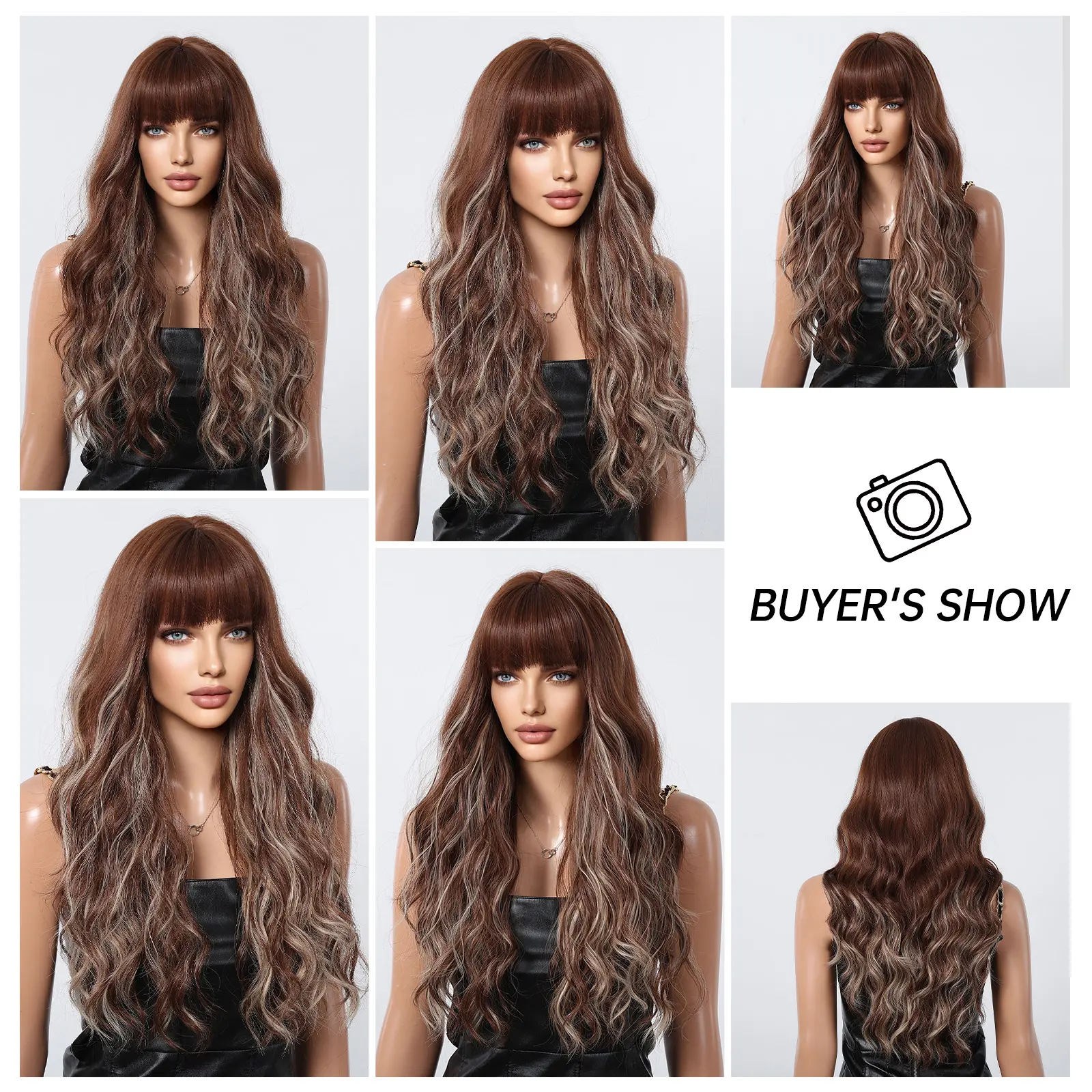 Long Brown Natural Big Wave Wigs With Bangs  Blonde Highlights Wavy Wig For Women Daily Synthetic Fake Hair High Temperature