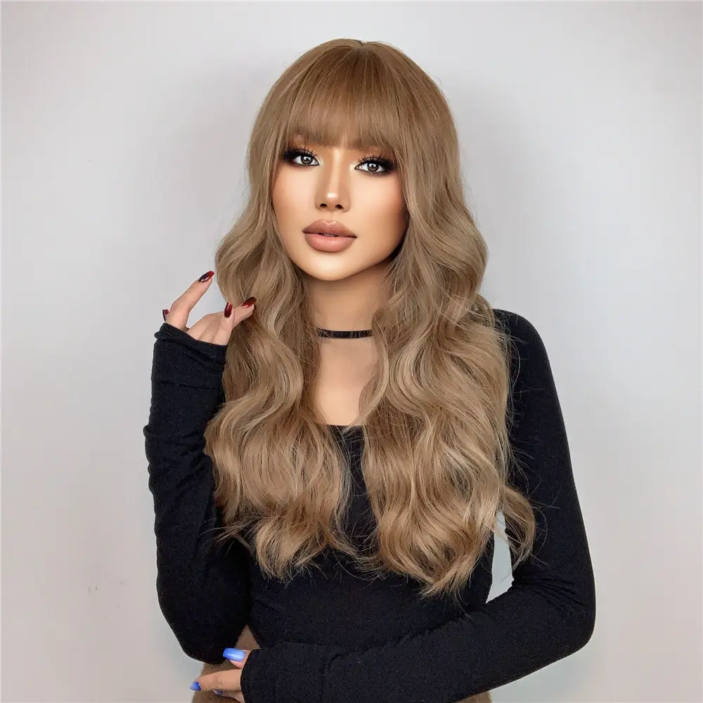 LOUIS FERRE Light Brown Body Wave Synthetic Wigs with Bangs Long Brown Natural Wavy Wig for Women Daily Party Use High Quality