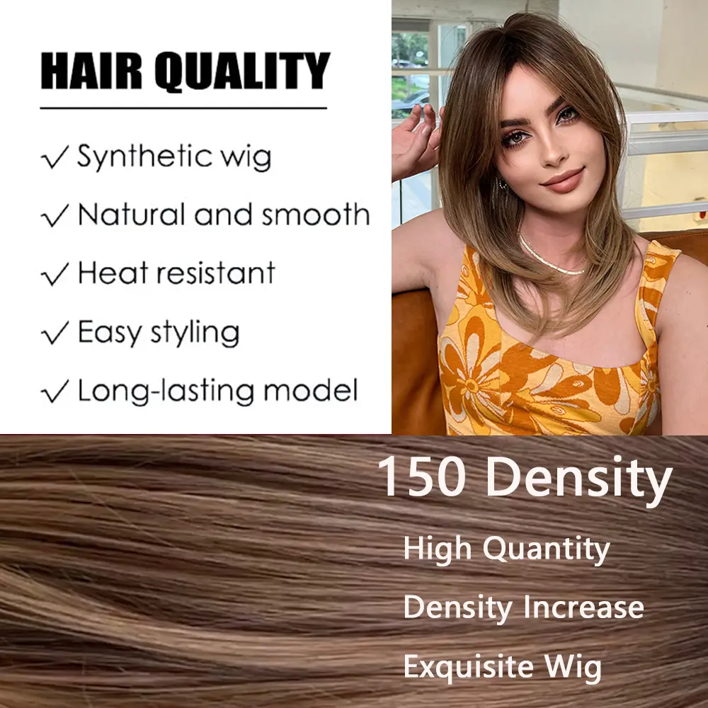 Medium Length Straight Brown Blonde Synthetic Wig for Women Short Layered Hair With Side Bangs Daily Heat Resistant Fake Hair