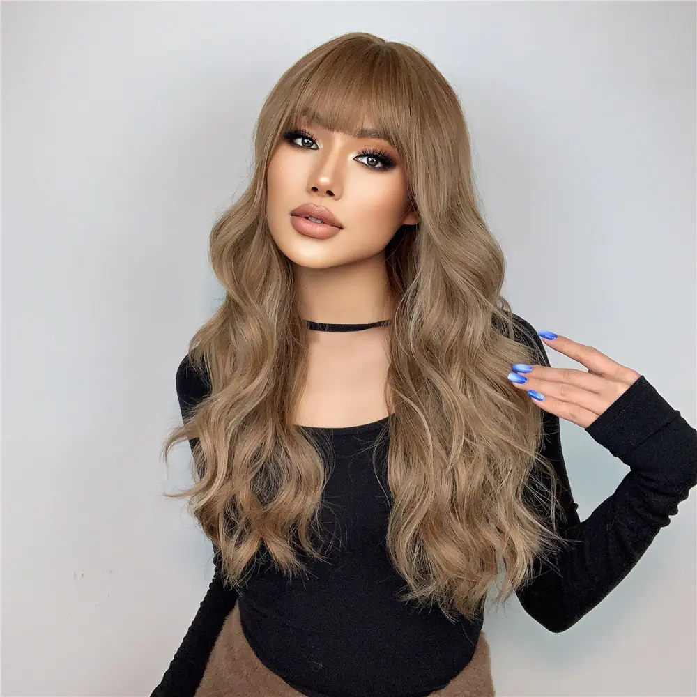 LOUIS FERRE Light Brown Body Wave Synthetic Wigs with Bangs Long Brown Natural Wavy Wig for Women Daily Party Use High Quality
