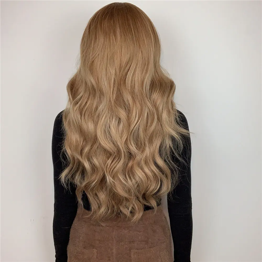 LOUIS FERRE Light Brown Body Wave Synthetic Wigs with Bangs Long Brown Natural Wavy Wig for Women Daily Party Use High Quality