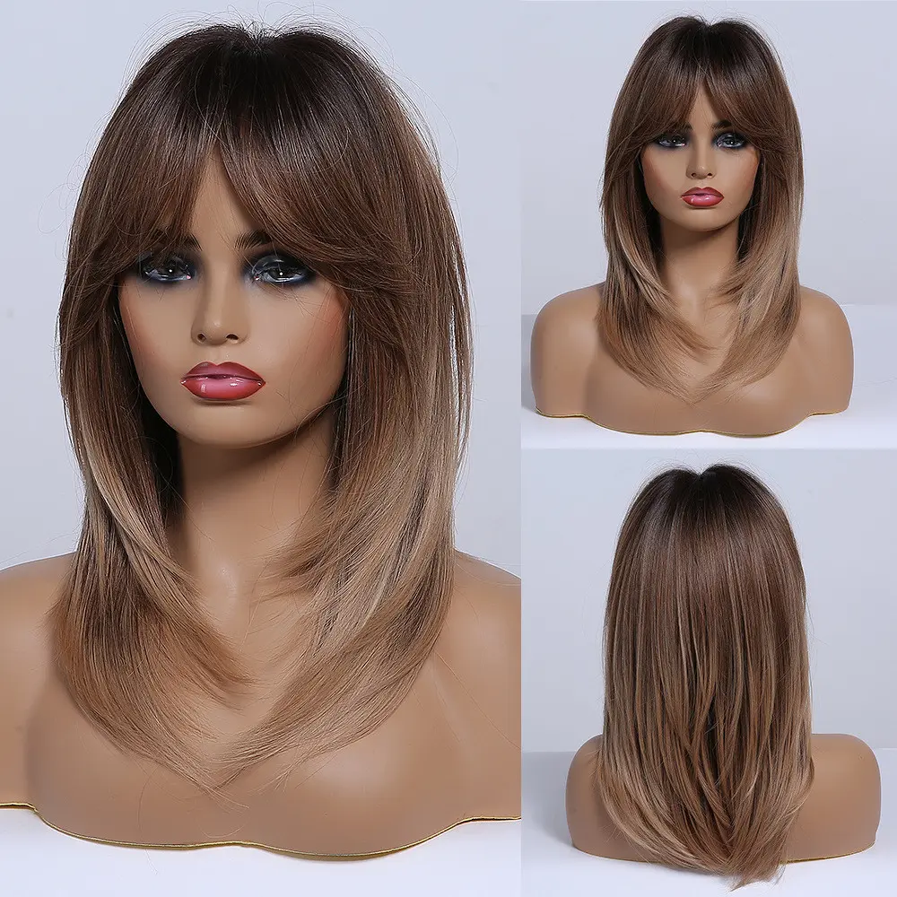 Medium Length Straight Brown Blonde Synthetic Wig for Women Short Layered Hair With Side Bangs Daily Heat Resistant Fake Hair