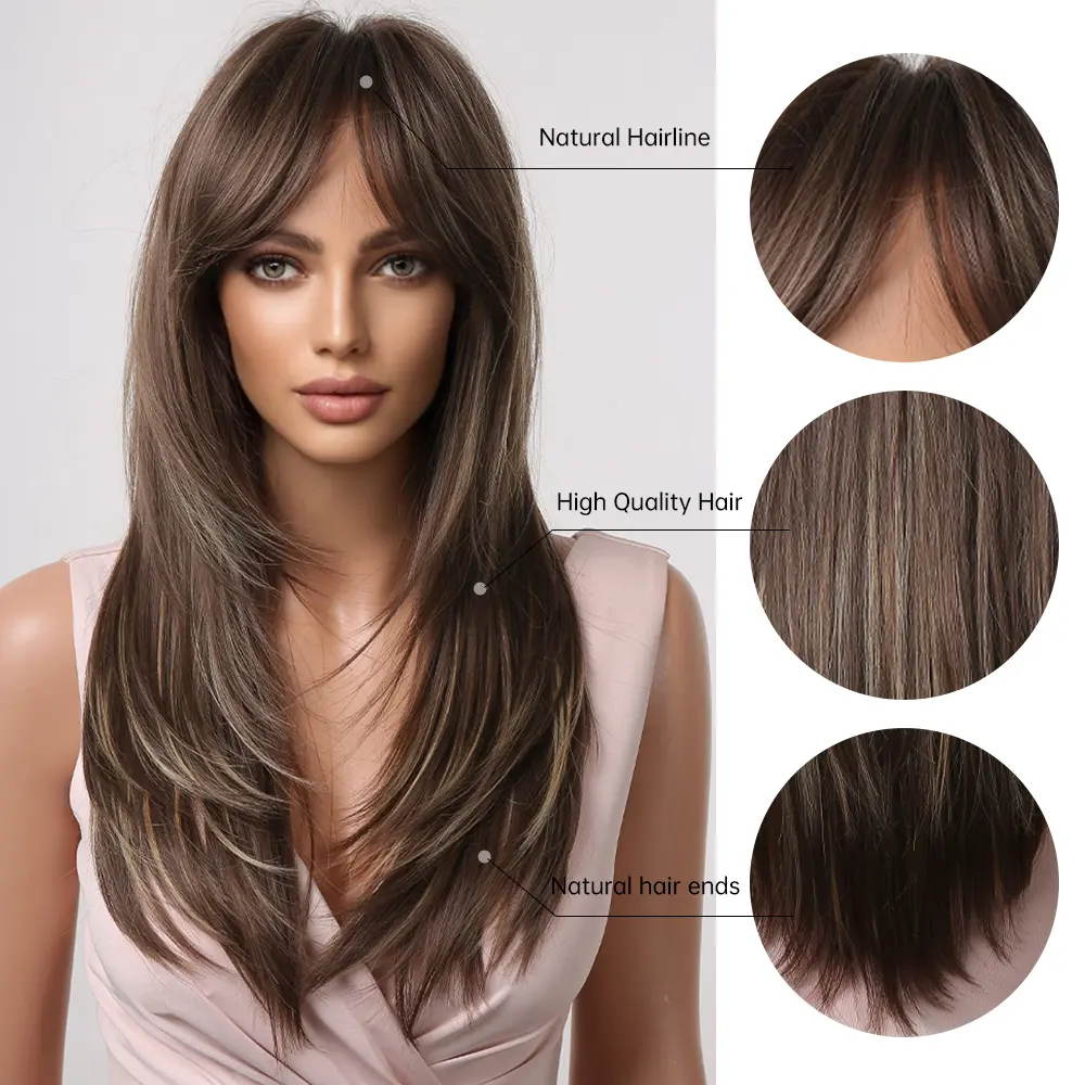 LOUIS FERRE Long Brown Layered Synthetic Wigs With Bangs Caramel Brown Straight Wig Mixed Blonde Highlights Heat Resistant Fibre