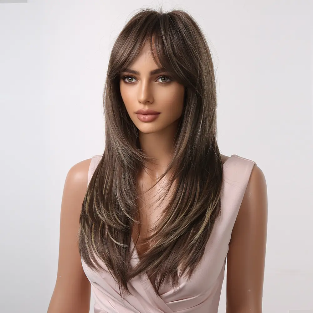LOUIS FERRE Long Brown Layered Synthetic Wigs With Bangs Caramel Brown Straight Wig Mixed Blonde Highlights Heat Resistant Fibre
