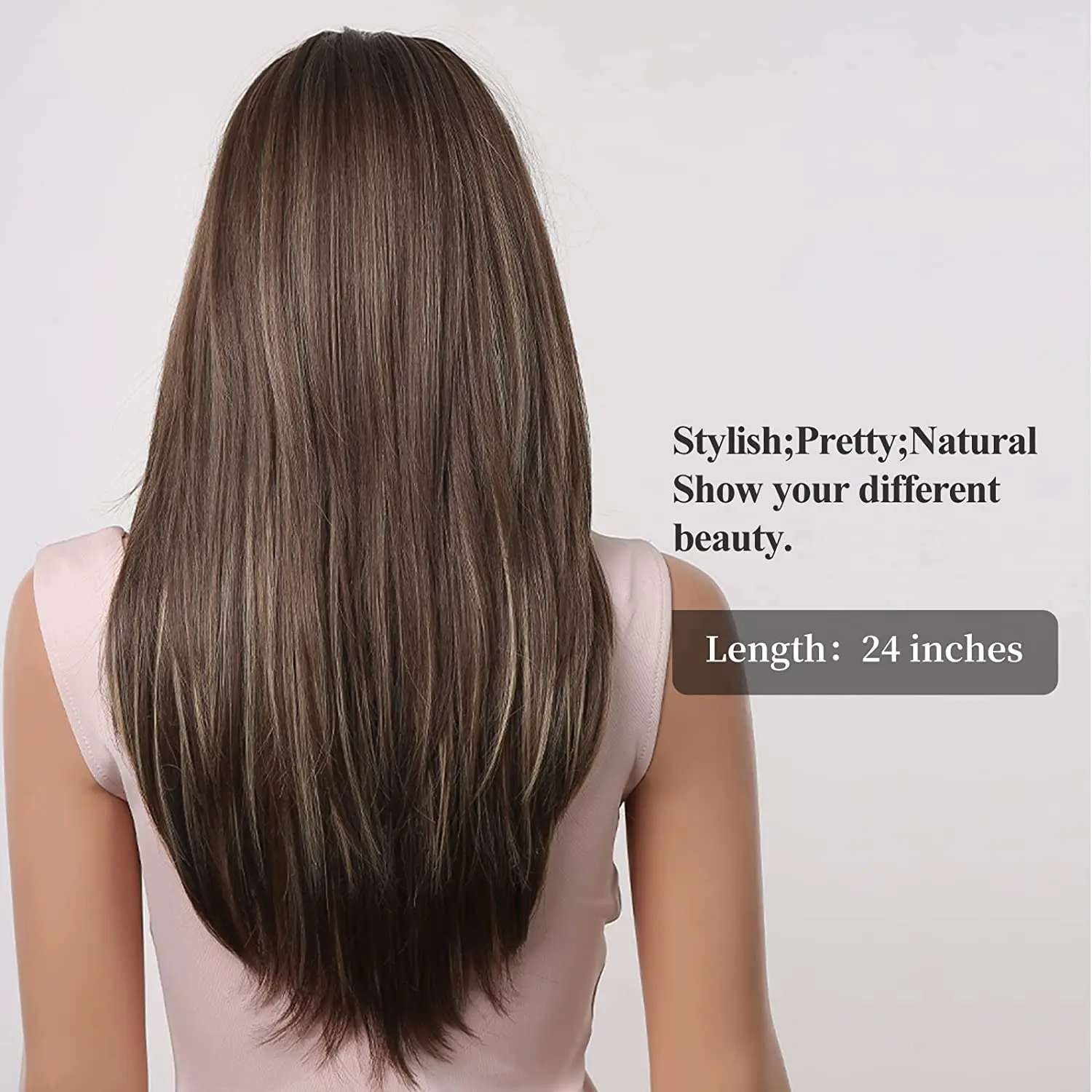 LOUIS FERRE Long Brown Layered Synthetic Wigs With Bangs Caramel Brown Straight Wig Mixed Blonde Highlights Heat Resistant Fibre