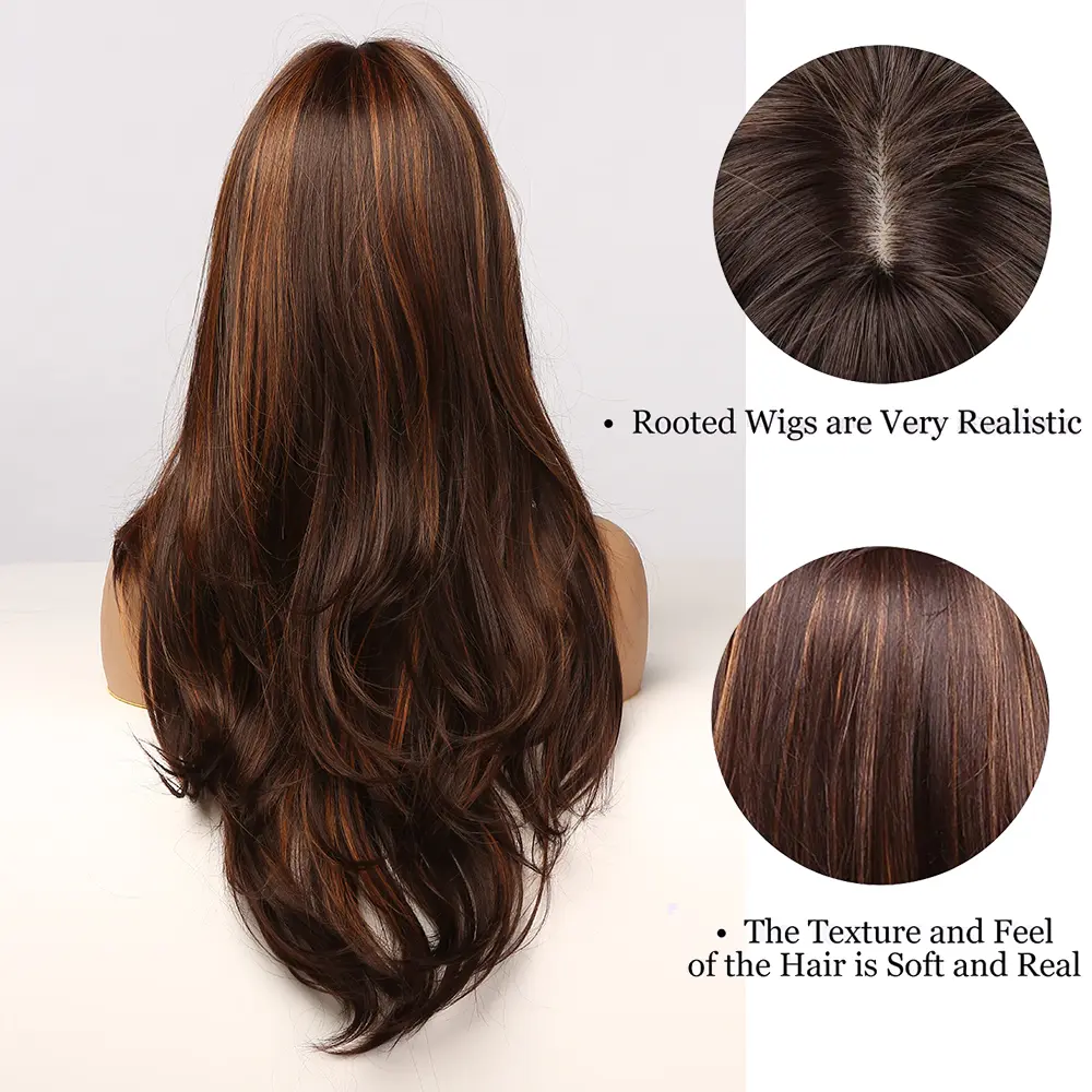 Brown Highlight Colored Synthetic Wig for Women Long Wave Brown Blonde Ombre Bob Hair Wig with Bangs Daily Heat Resistant Fibre