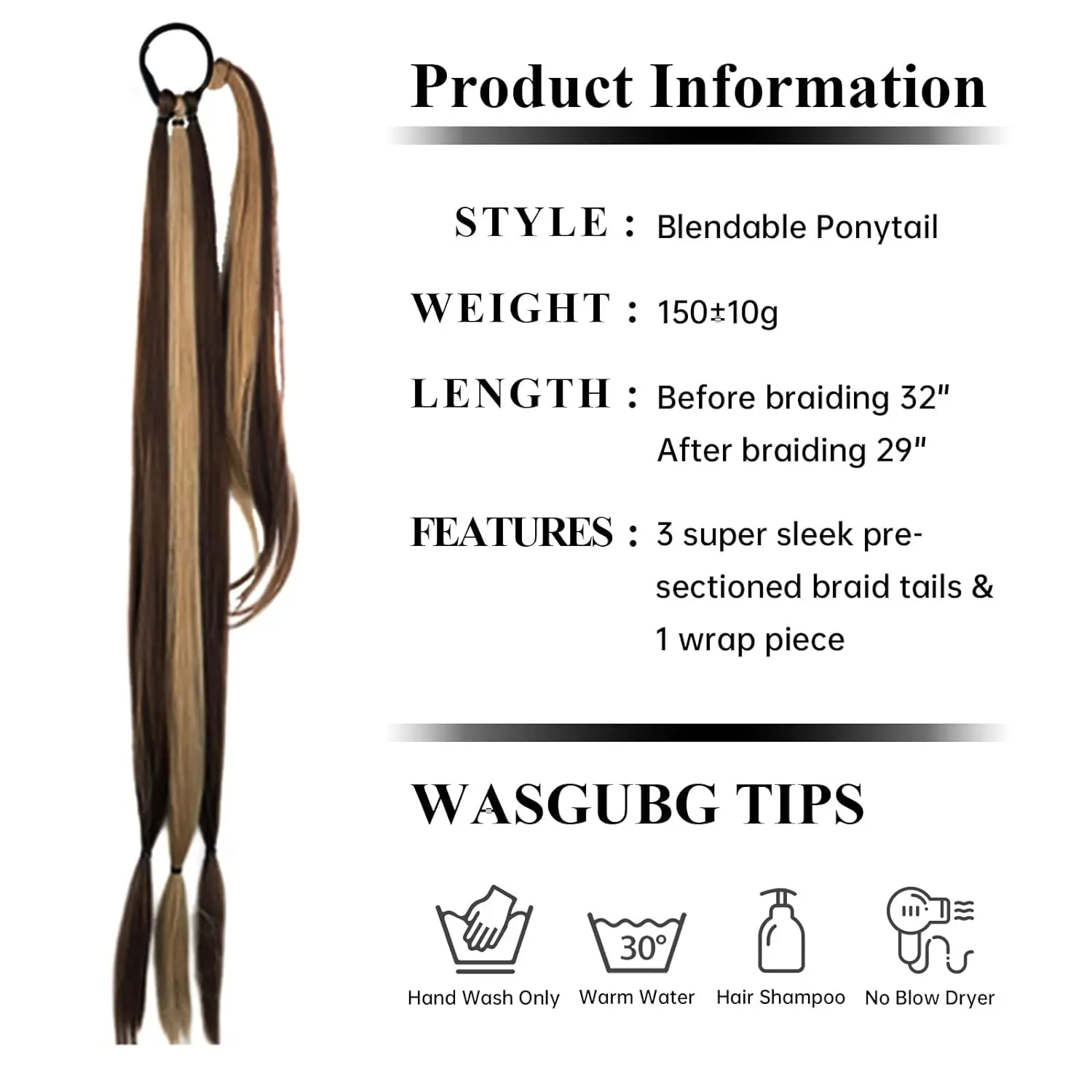 Long Braided Ponytail Extension for Women 32 Inches Brown Mixed Blonde Yaki Straight Wrap Around Hair Extensions with Hair Tie