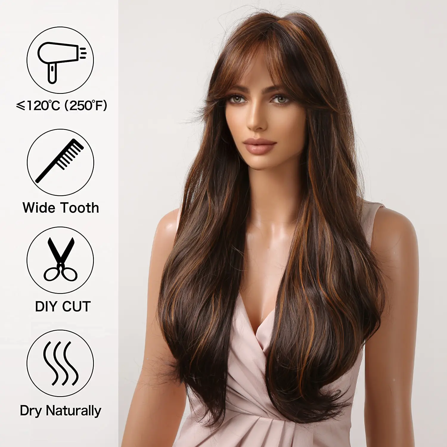 Brown Highlight Colored Synthetic Wig for Women Long Wave Brown Blonde Ombre Bob Hair Wig with Bangs Daily Heat Resistant Fibre