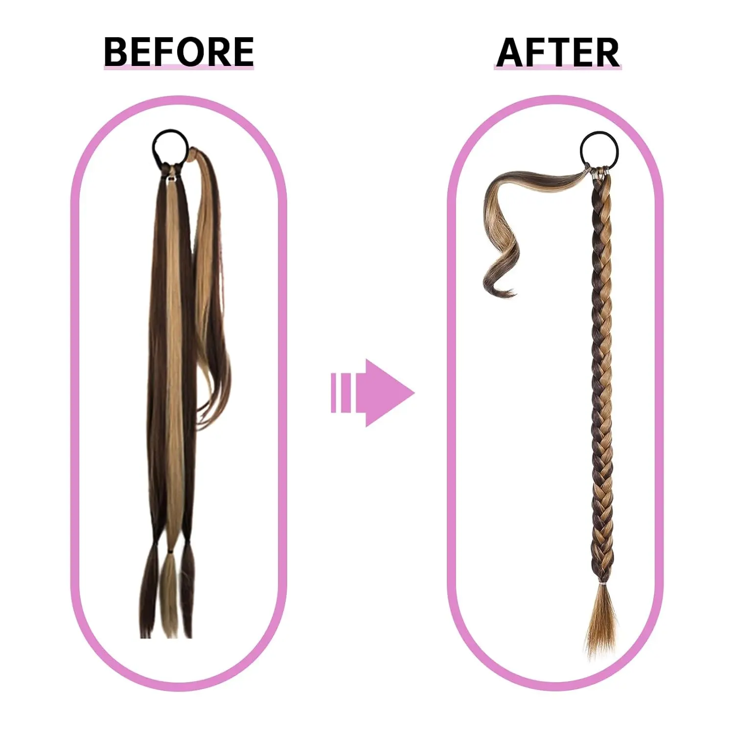Long Braided Ponytail Extension for Women 32 Inches Brown Mixed Blonde Yaki Straight Wrap Around Hair Extensions with Hair Tie