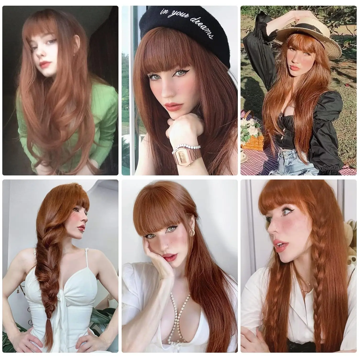 LOUIS FERRE Long Wave Red Brown Ginger Synthetic Wig For Women Natural Hair With Bangs For Daily Cosplay Use High Temperature