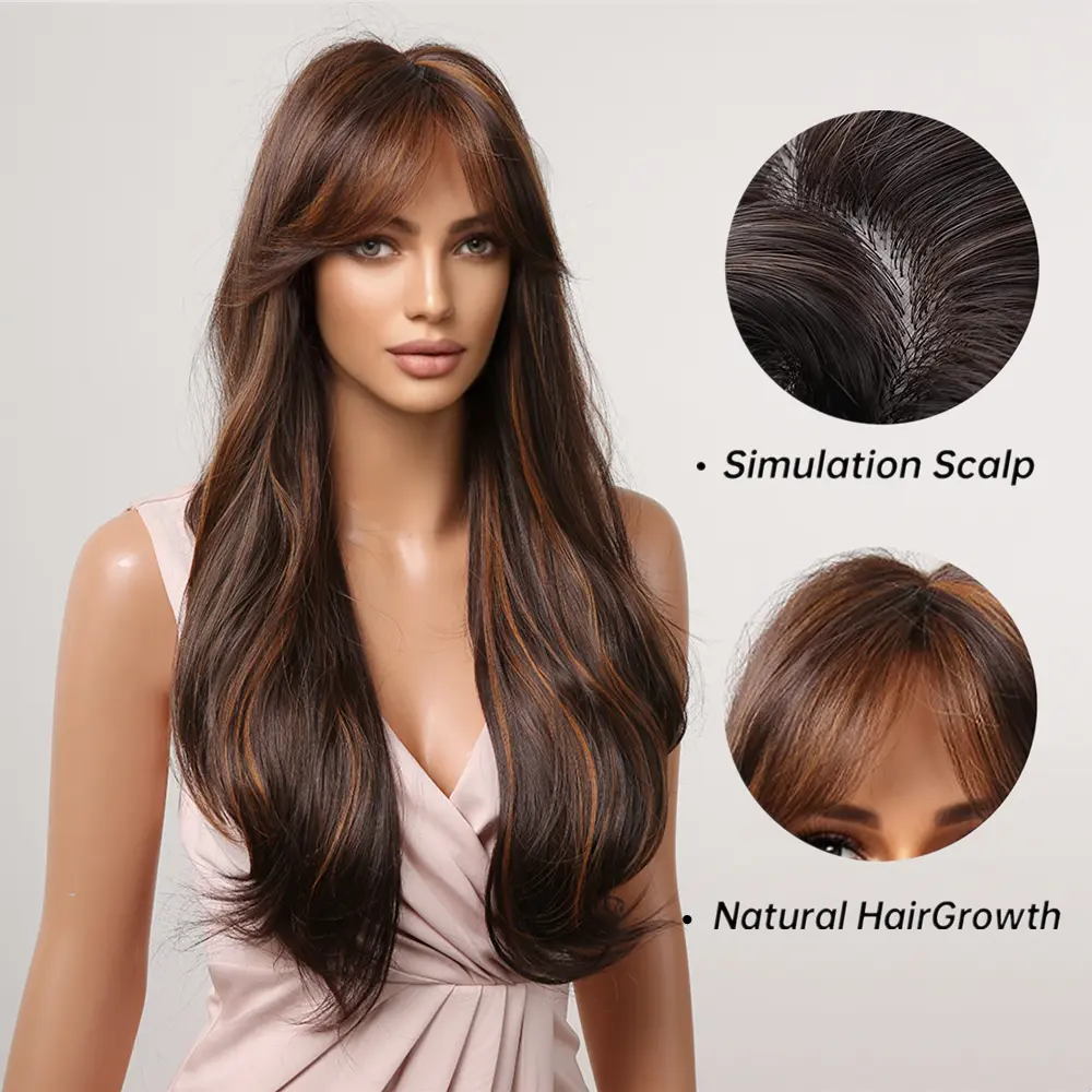 Brown Highlight Colored Synthetic Wig for Women Long Wave Brown Blonde Ombre Bob Hair Wig with Bangs Daily Heat Resistant Fibre