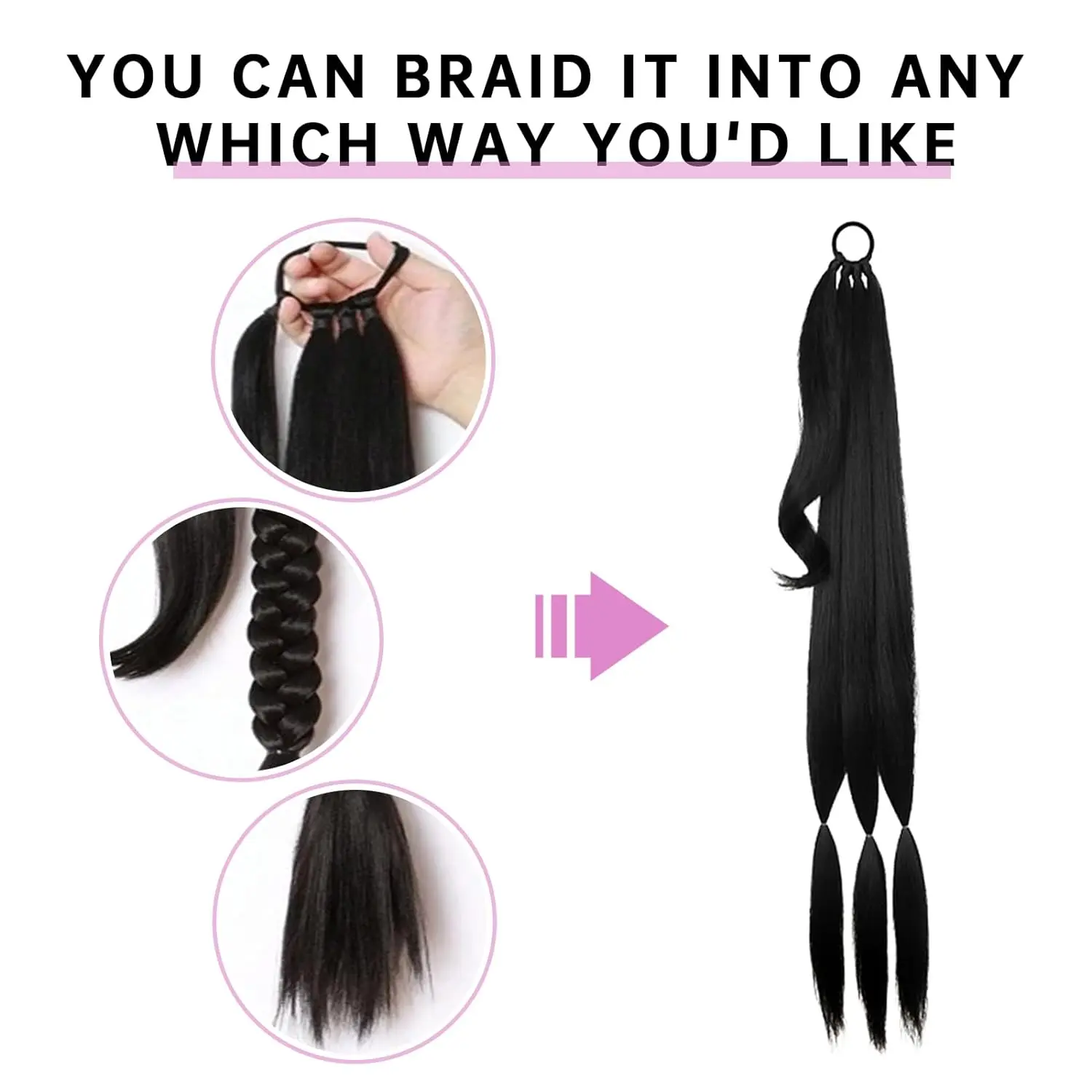 Long Braided Ponytail Extension for Women 32 Inches Brown Mixed Blonde Yaki Straight Wrap Around Hair Extensions with Hair Tie