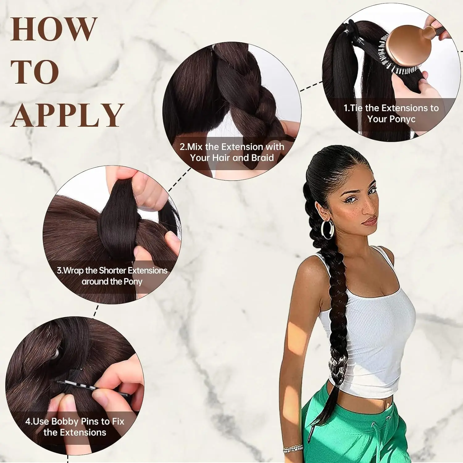 Long Braided Ponytail Extension for Women 32 Inches Brown Mixed Blonde Yaki Straight Wrap Around Hair Extensions with Hair Tie