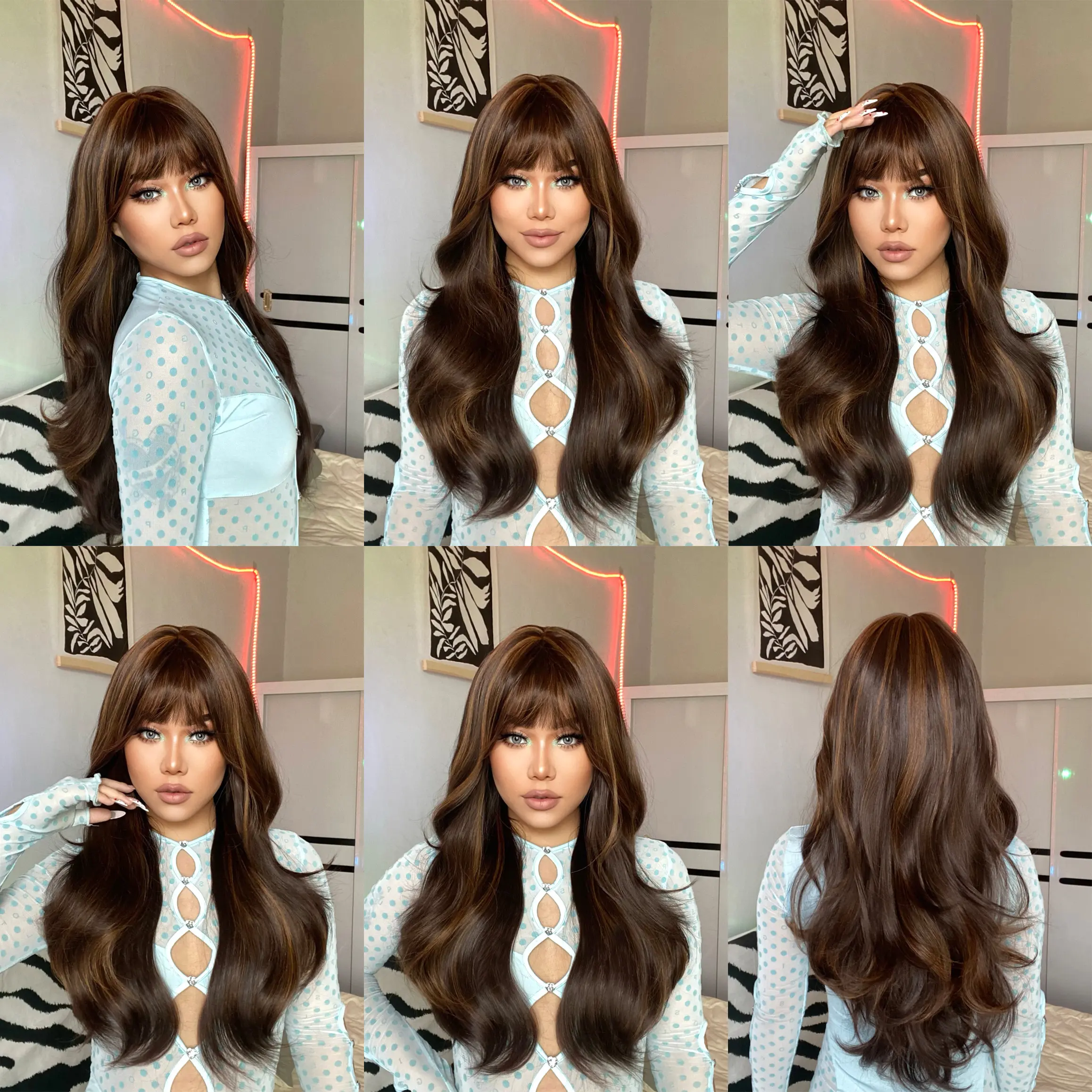 Brown Highlight Colored Synthetic Wig for Women Long Wave Brown Blonde Ombre Bob Hair Wig with Bangs Daily Heat Resistant Fibre