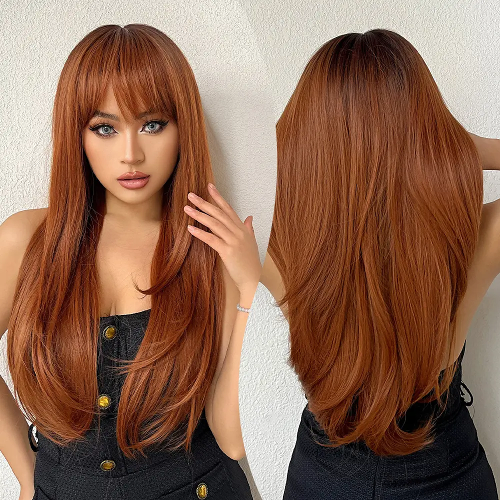 LOUIS FERRE Long Wave Red Brown Ginger Synthetic Wig For Women Natural Hair With Bangs For Daily Cosplay Use High Temperature
