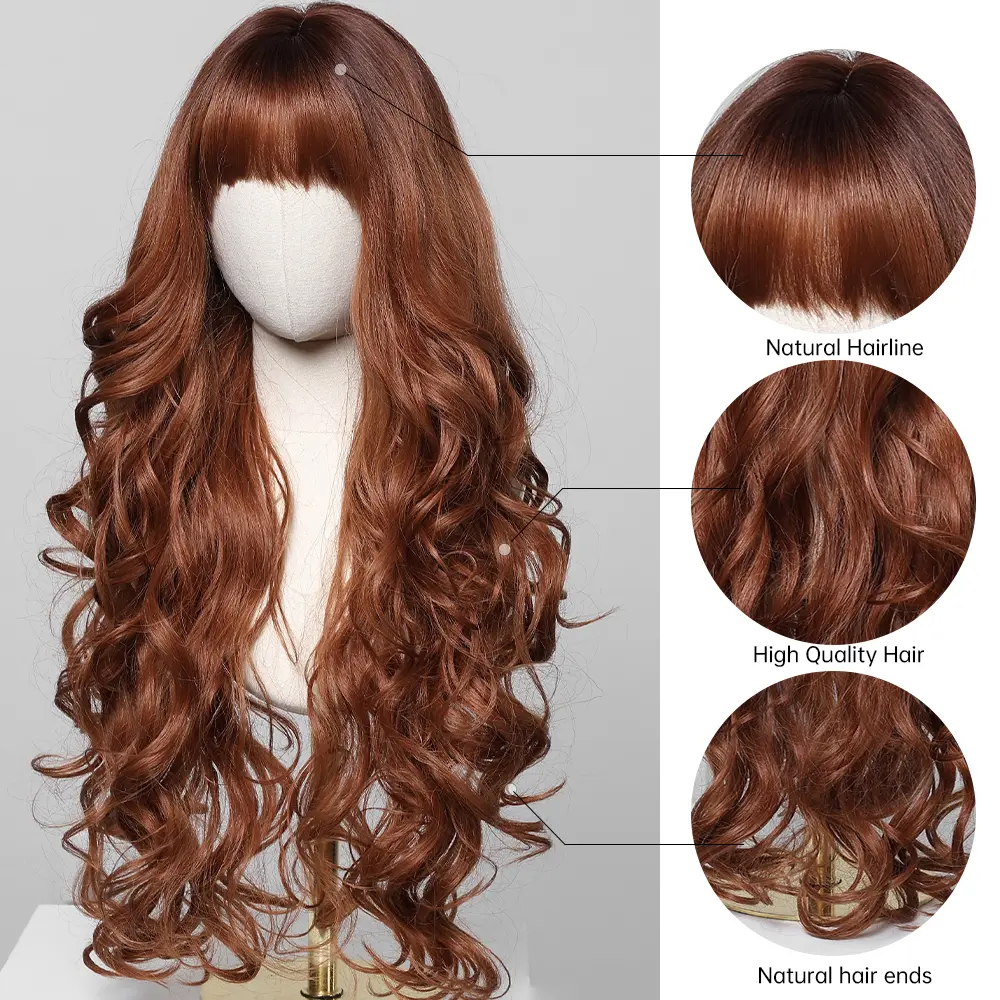 LOUIS FERRE Synthetic Wigs With Bangs Red Brown Orange Natural Wig For Women Daily Cosplay Long Curly Wavy Hair Heat Resistant