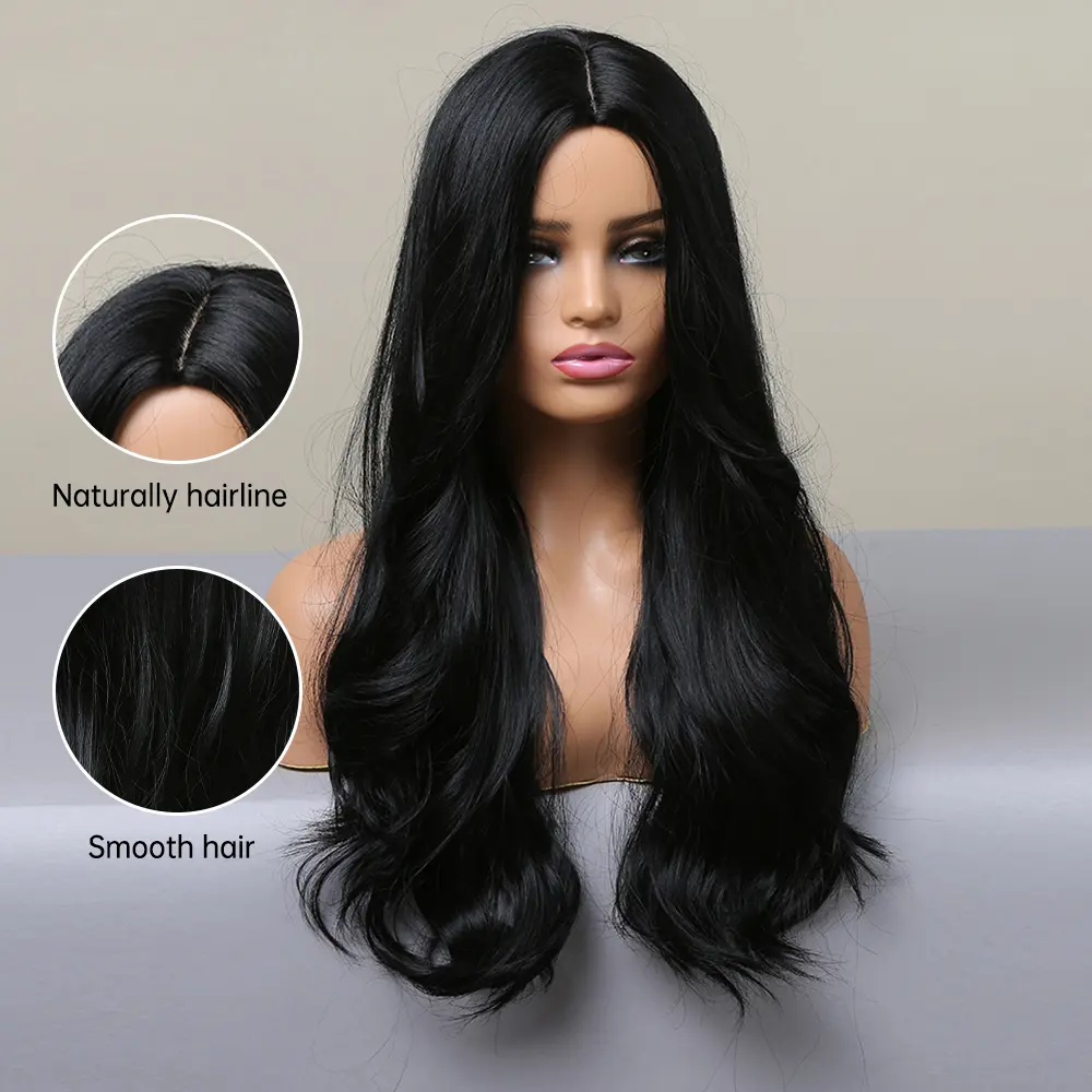 LOUIS FERRE Long Wavy Black Synthetic Wigs for Black Women Natural Black Body Wave Curly Hair Daily Cosplay Heat Resistant Wigs