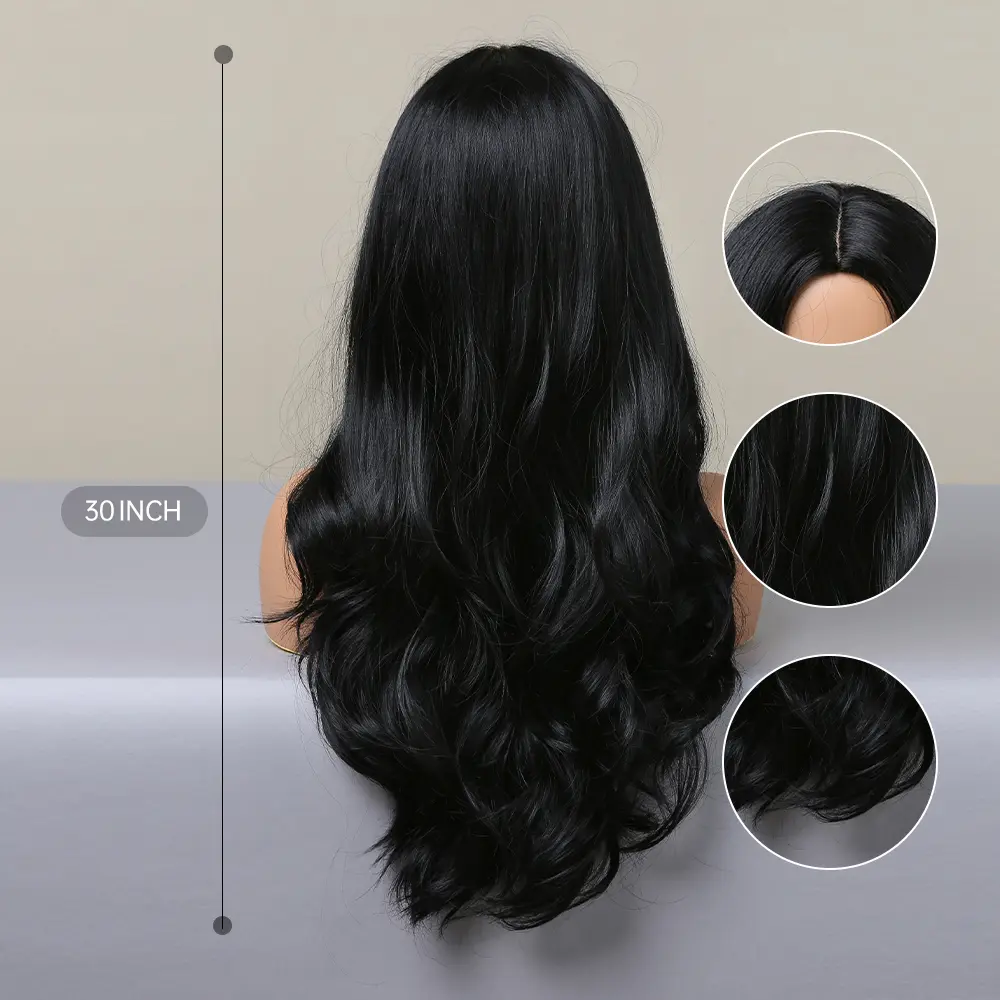 LOUIS FERRE Long Wavy Black Synthetic Wigs for Black Women Natural Black Body Wave Curly Hair Daily Cosplay Heat Resistant Wigs