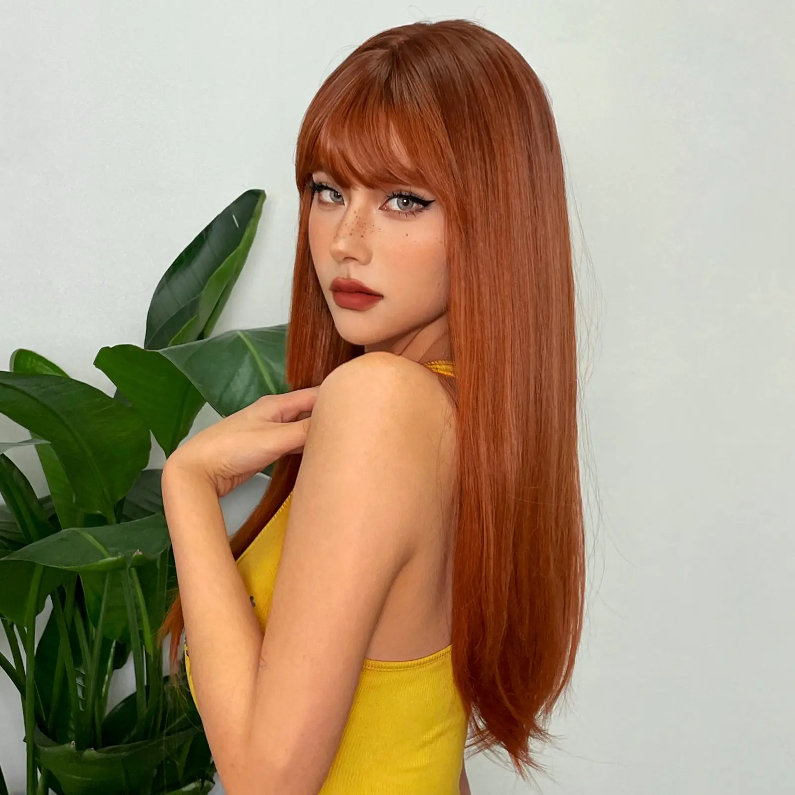 LOUIS FERRE Red Brown Synthetic Wig for Women Long Straight Copper Ginger Wig With Bangs Natural Hair Cosplay Heat Resistant
