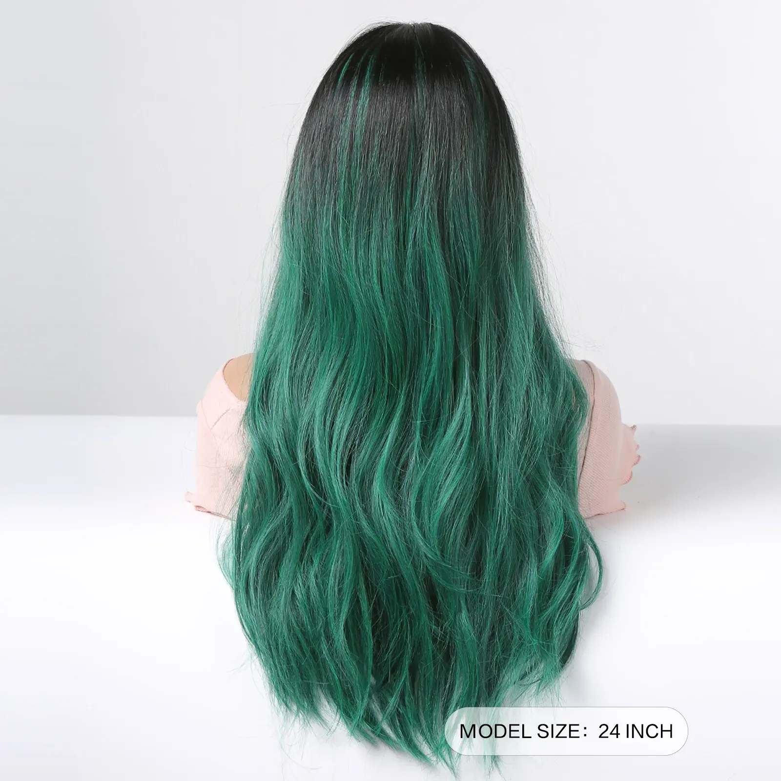 LOUIS FERRE Long Wavy Black Green Ombre Synthetic Wigs for Women Natural Fake Hair With Bangs for Halloween Cosplay Fiber Wigs