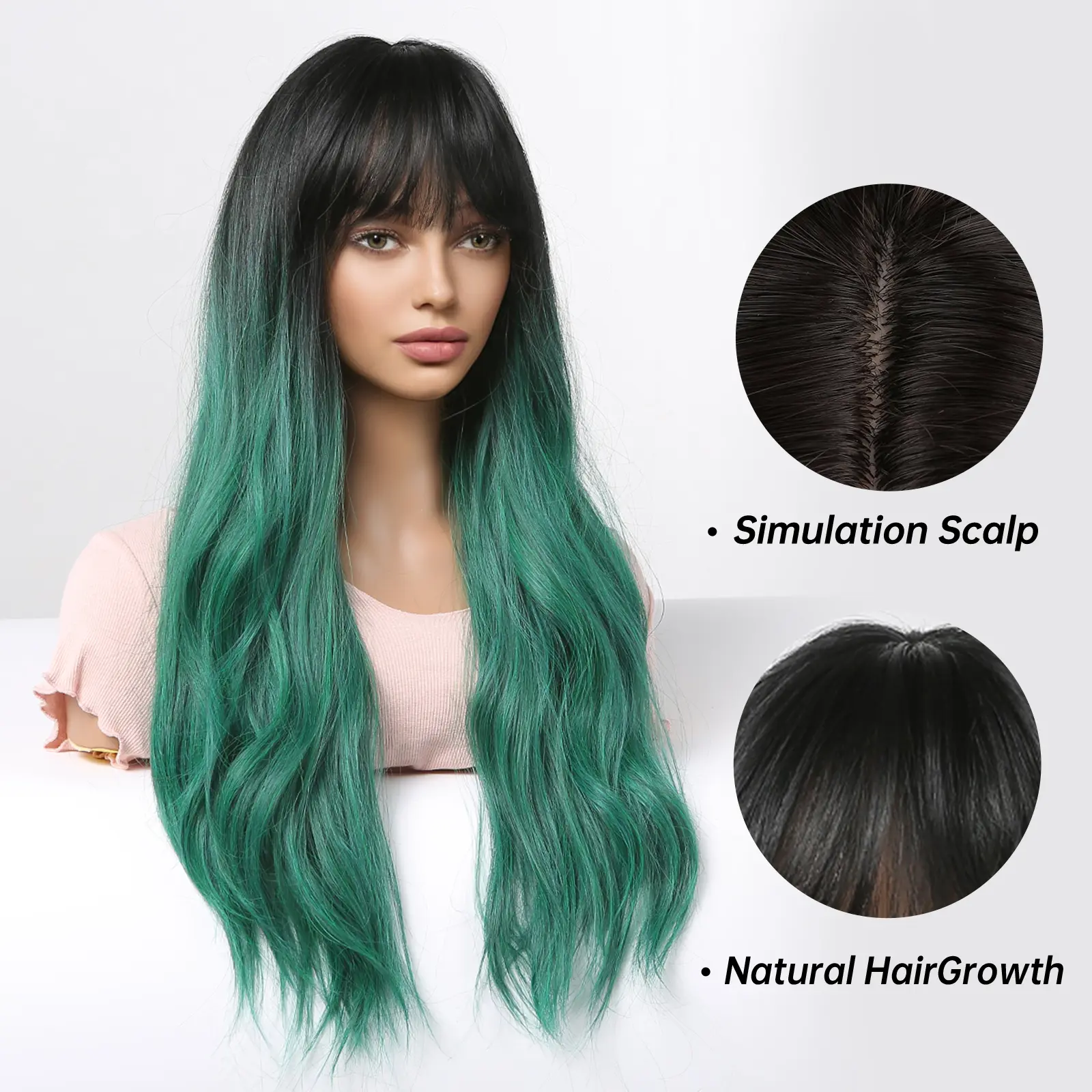 LOUIS FERRE Long Wavy Black Green Ombre Synthetic Wigs for Women Natural Fake Hair With Bangs for Halloween Cosplay Fiber Wigs