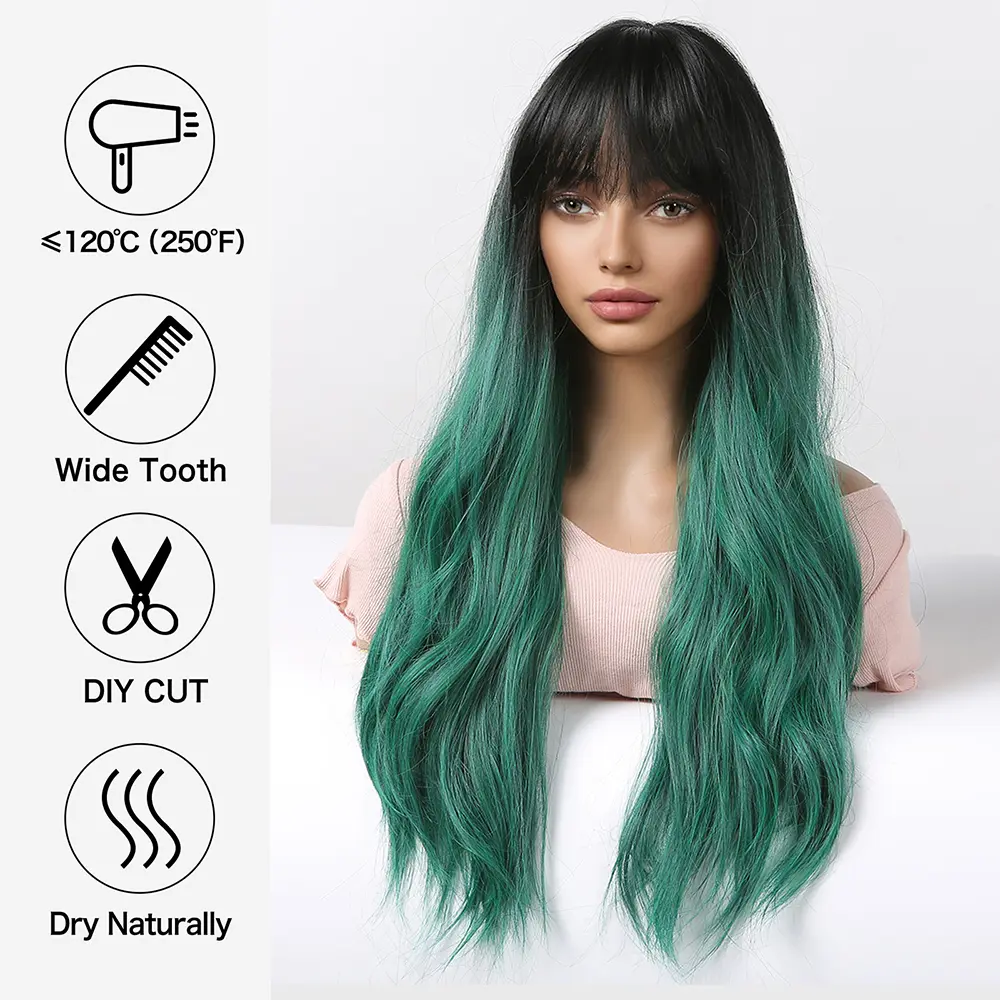 LOUIS FERRE Long Wavy Black Green Ombre Synthetic Wigs for Women Natural Fake Hair With Bangs for Halloween Cosplay Fiber Wigs