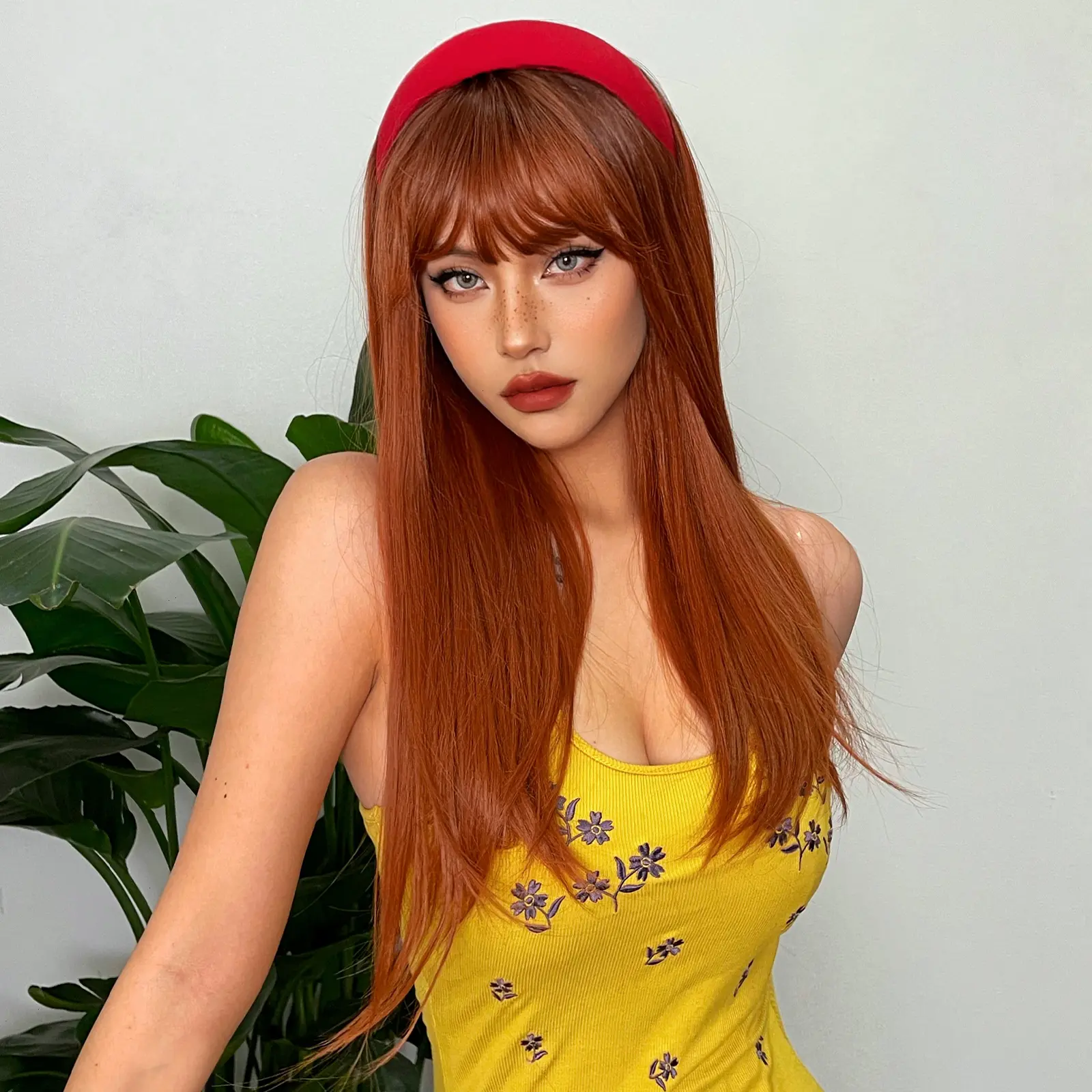 LOUIS FERRE Red Brown Synthetic Wig for Women Long Straight Copper Ginger Wig With Bangs Natural Hair Cosplay Heat Resistant