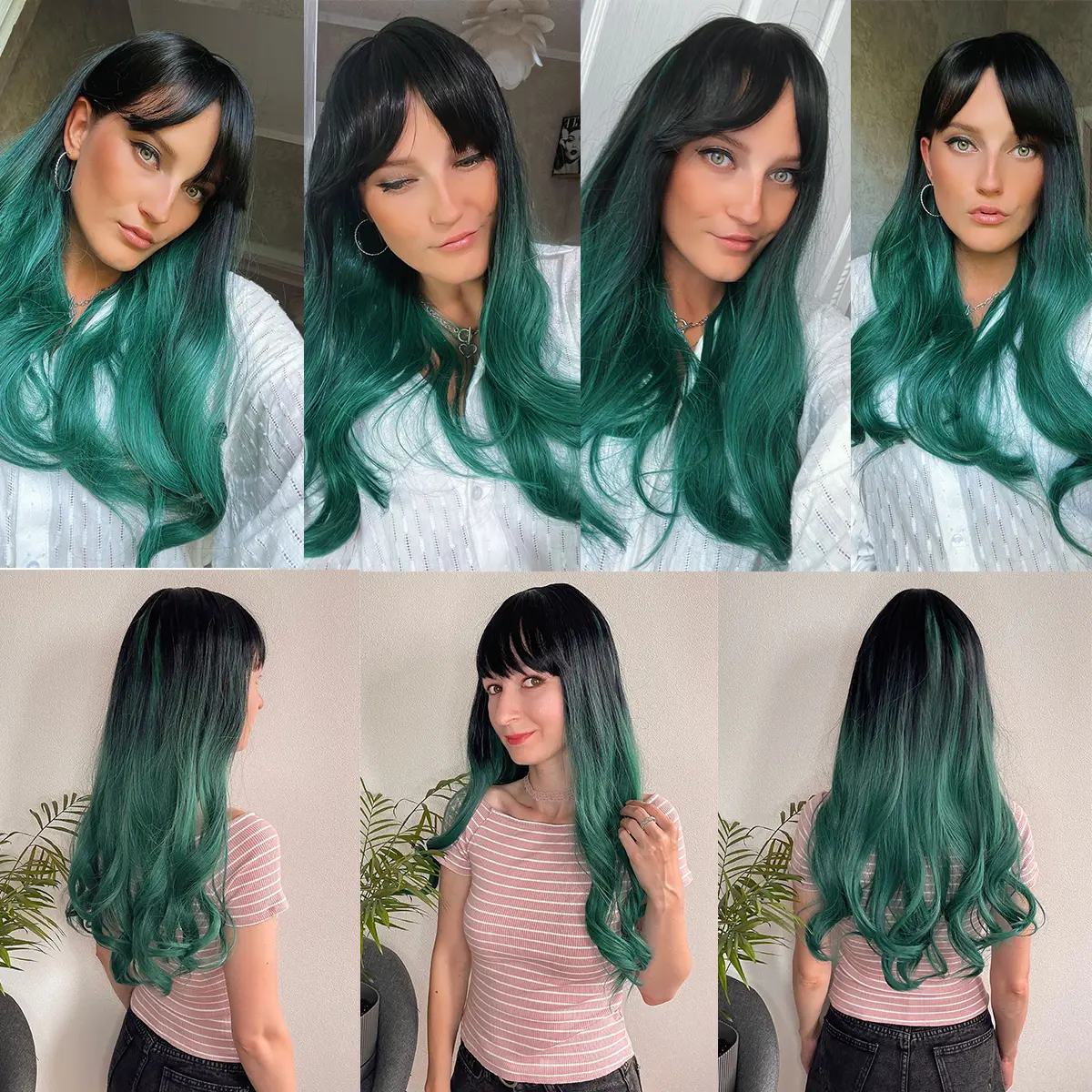 LOUIS FERRE Long Wavy Black Green Ombre Synthetic Wigs for Women Natural Fake Hair With Bangs for Halloween Cosplay Fiber Wigs