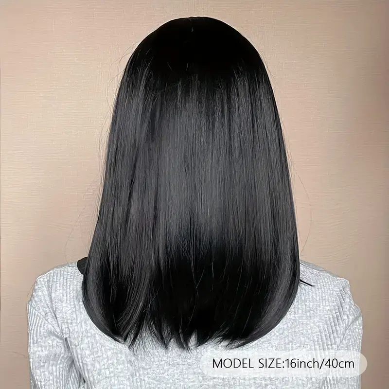 LOUIS FERRE Short Black Synthetic Wigs for Women Natural Black Straight Wigs With Bangs Daily Party Heat Resistant Fake Hair