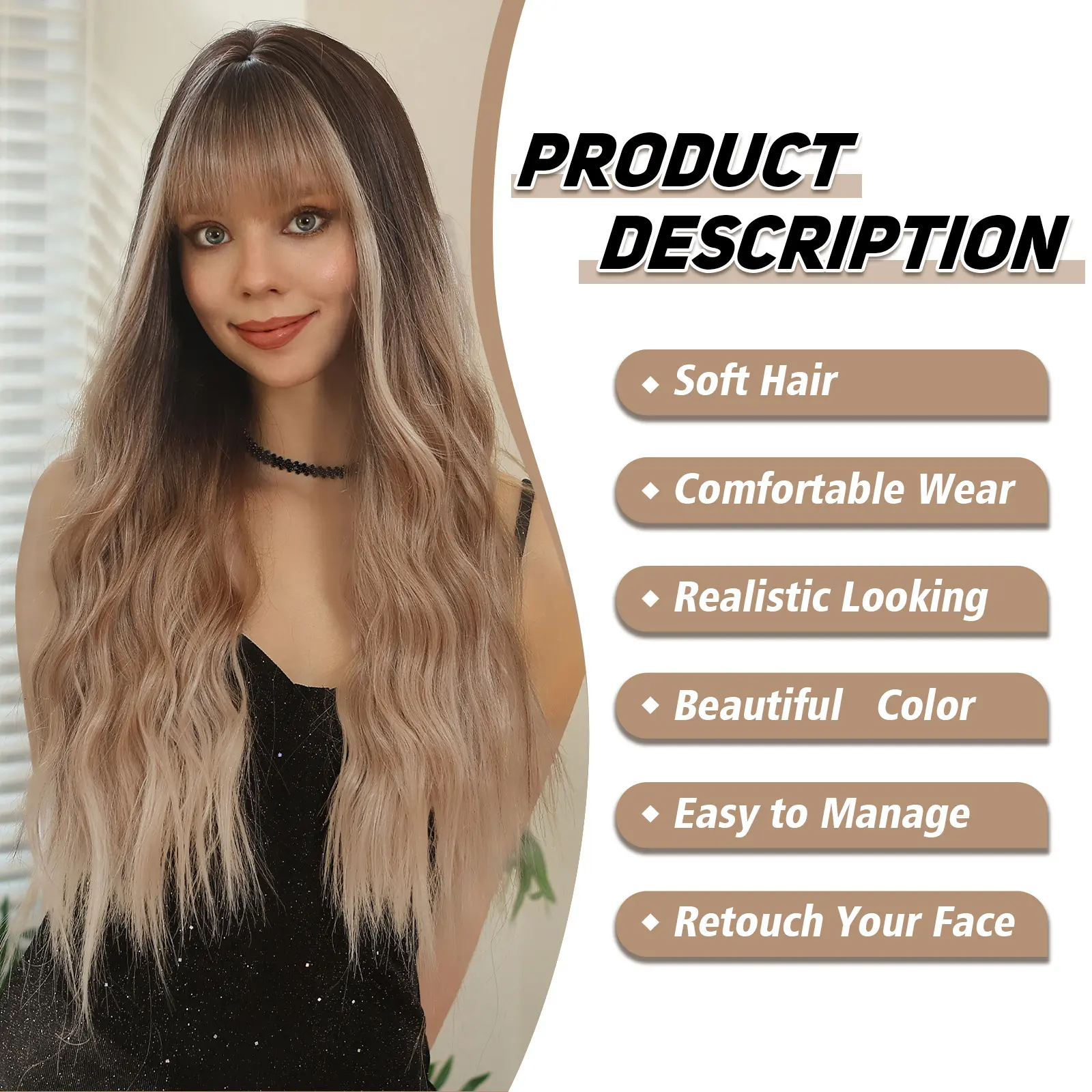 LOUIS FERRE Ombre Brown Blonde Synthetic Wigs for Women Long Natural Wavy Hair Wigs With Bangs Daily Party Heat Resistant Fibre