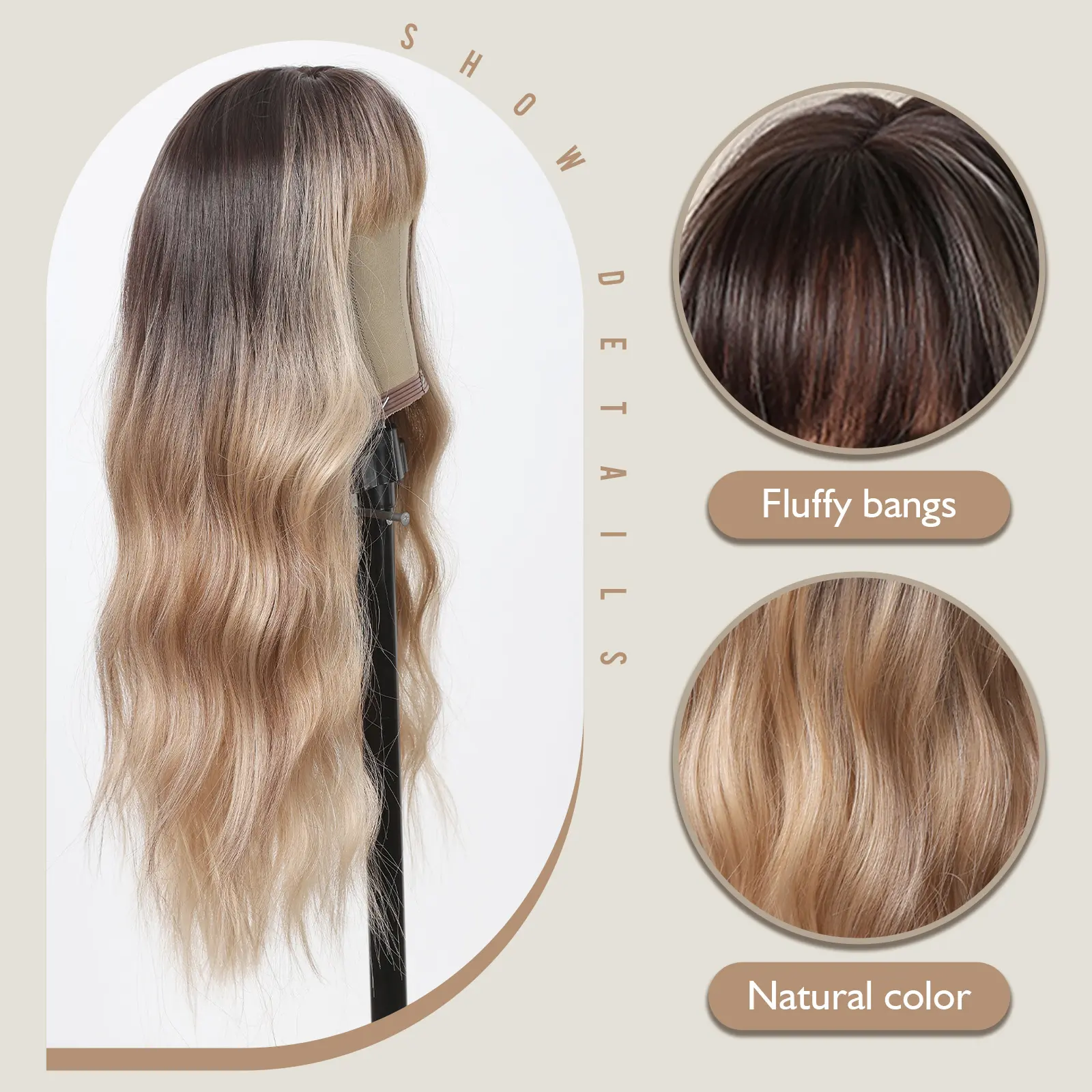 LOUIS FERRE Ombre Brown Blonde Synthetic Wigs for Women Long Natural Wavy Hair Wigs With Bangs Daily Party Heat Resistant Fibre