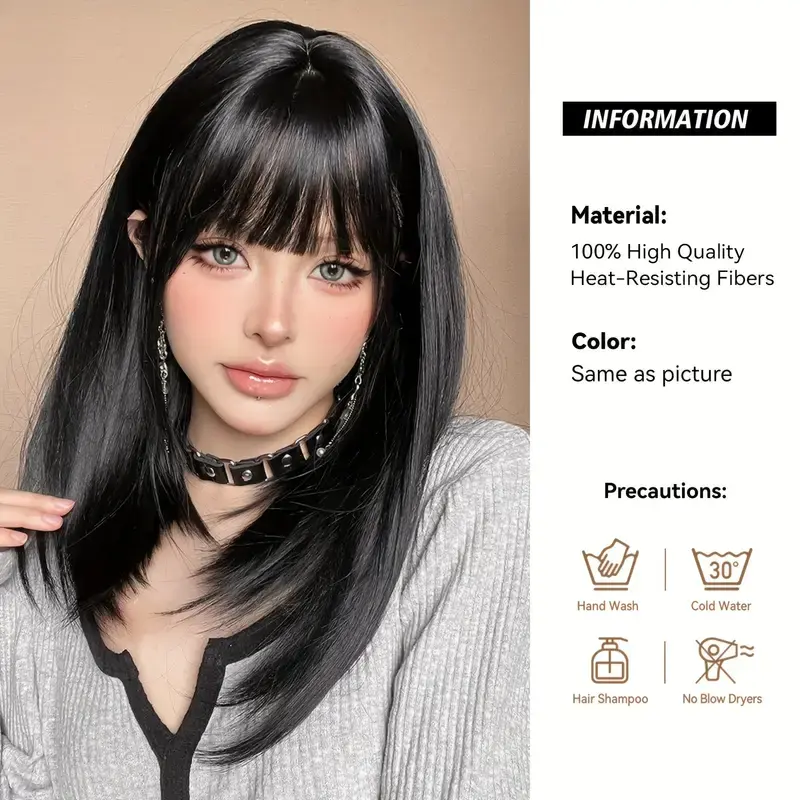 LOUIS FERRE Short Black Synthetic Wigs for Women Natural Black Straight Wigs With Bangs Daily Party Heat Resistant Fake Hair