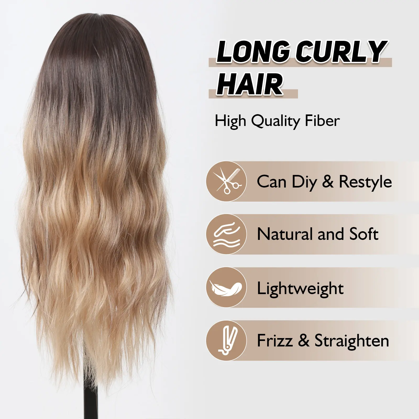 LOUIS FERRE Ombre Brown Blonde Synthetic Wigs for Women Long Natural Wavy Hair Wigs With Bangs Daily Party Heat Resistant Fibre