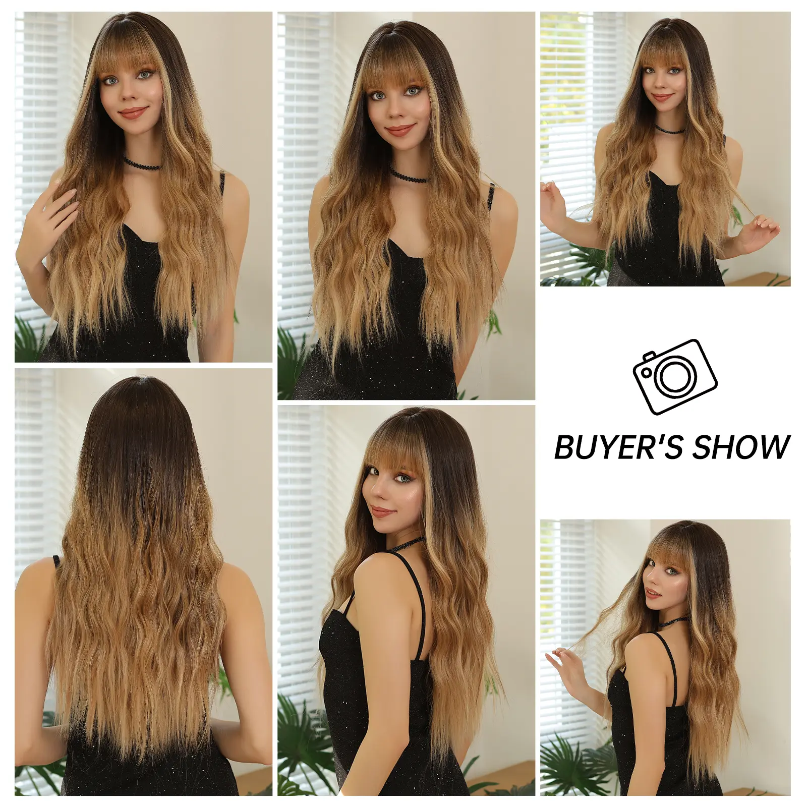 LOUIS FERRE Ombre Brown Blonde Synthetic Wigs for Women Long Natural Wavy Hair Wigs With Bangs Daily Party Heat Resistant Fibre