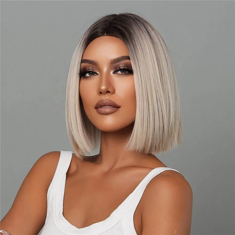 LOUIS FERRE Short Blonde Bob Synthetic Wigs With Dark Root Shoulder Length Blonde Straight Wig Mixed White Hair High Temperature