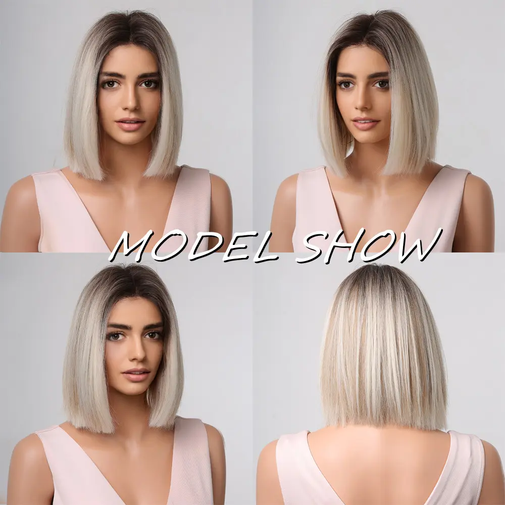 LOUIS FERRE Short Blonde Bob Synthetic Wigs With Dark Root Shoulder Length Blonde Straight Wig Mixed White Hair High Temperature