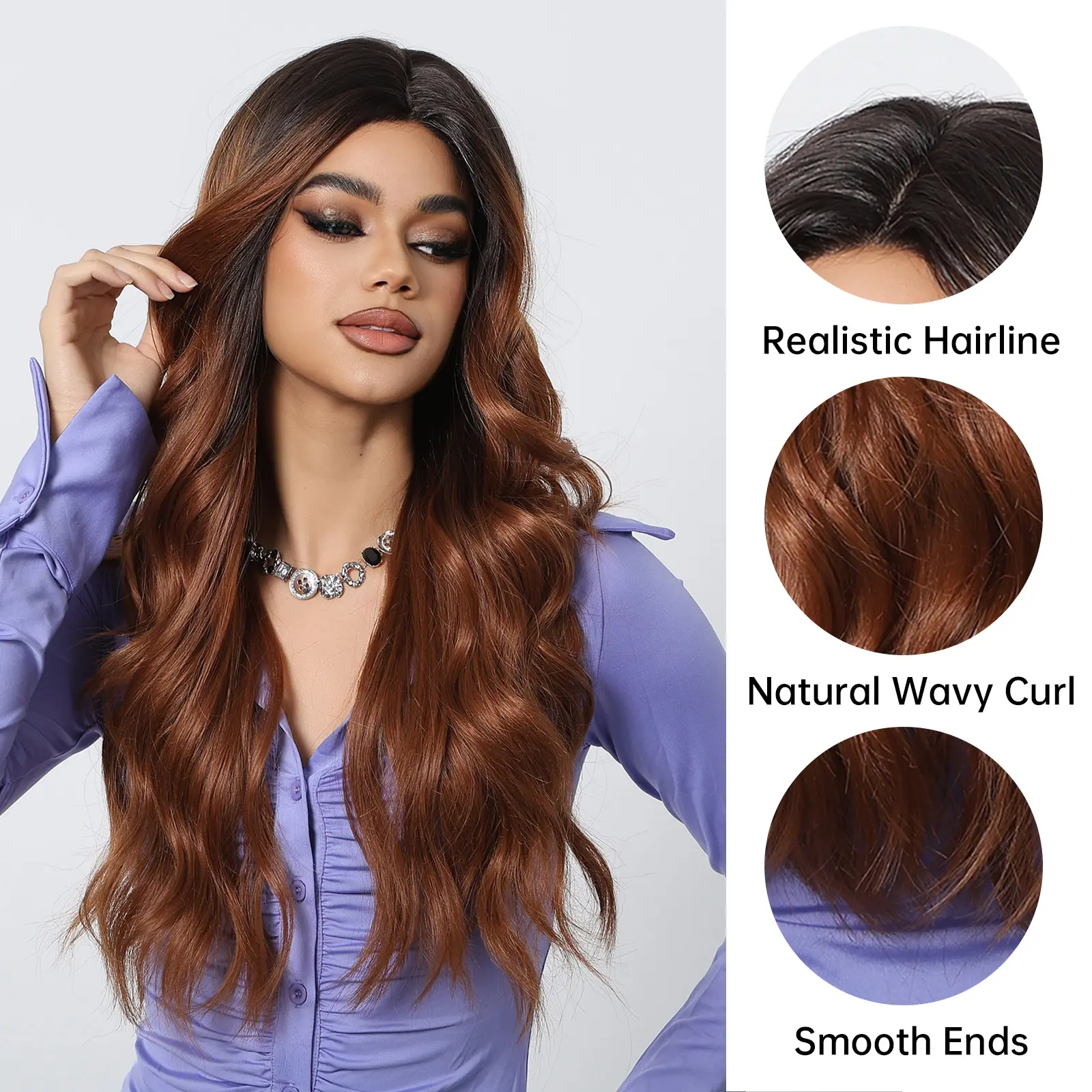 Brown to Ginger Ombre Synthetic Wigs for Women Long Natural Wavy Hairline Lace Wigs Middle Part Natural Hair Daily Party Wig