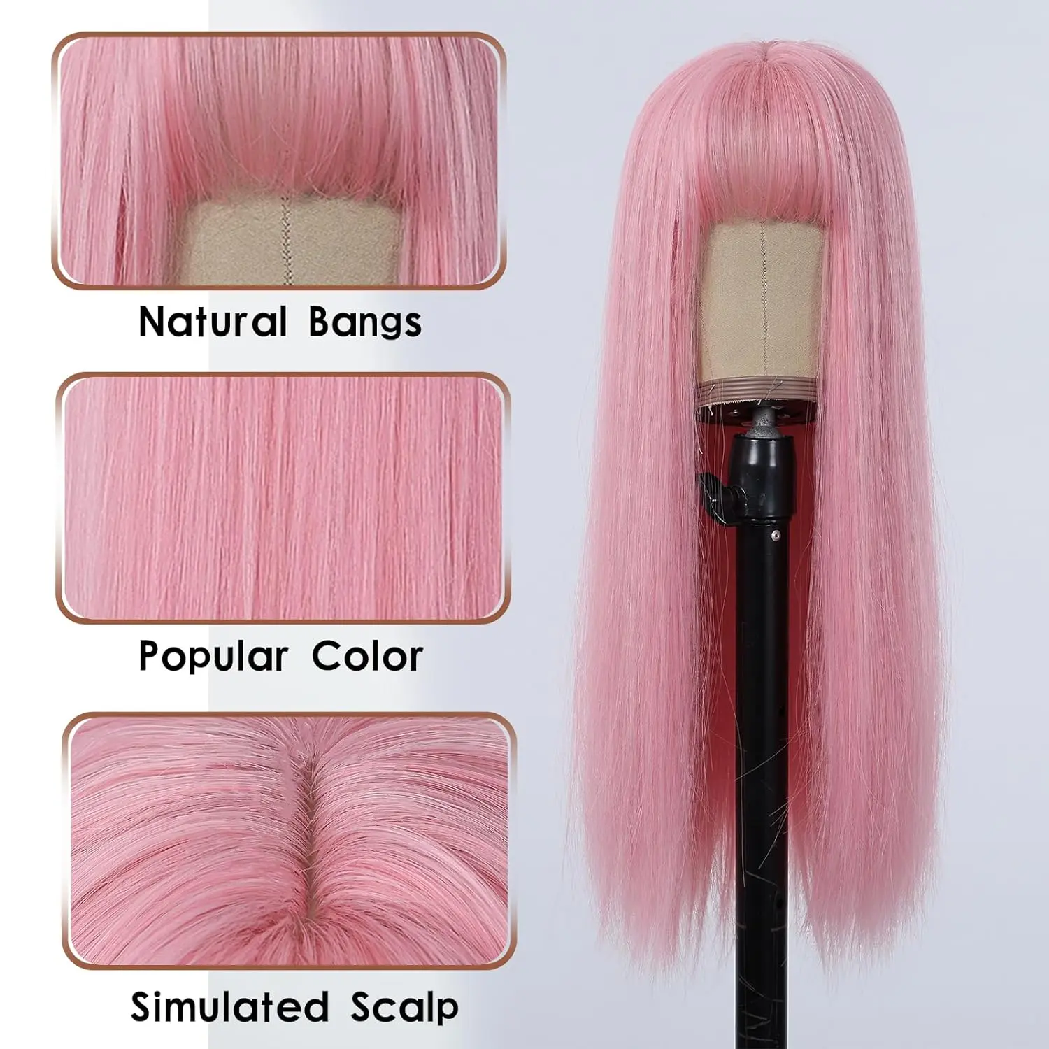 Pink Wig With Bangs For Women Long Straight Light Pink Hair Heat Resistant Synthetic Wigs For Girls Party Cosplay And Daily