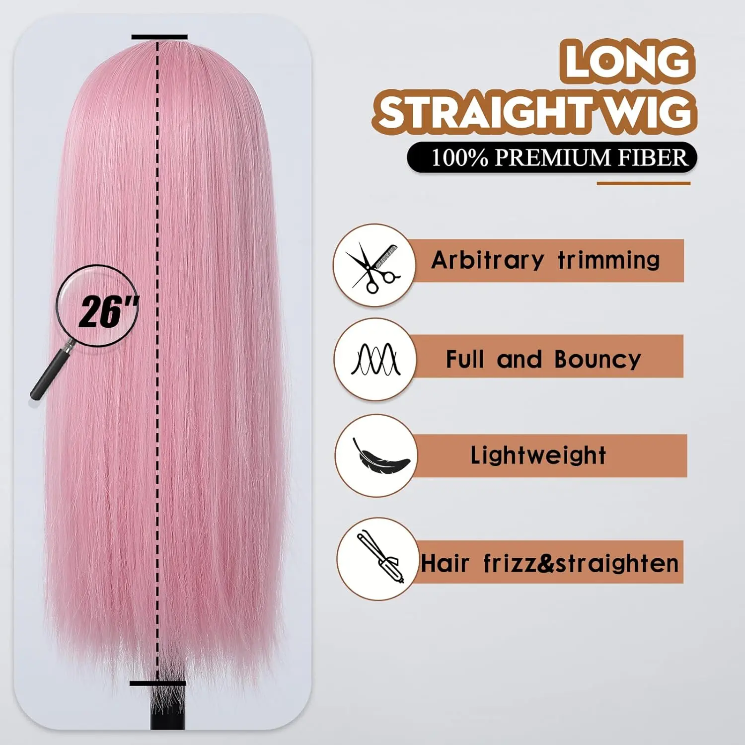 Pink Wig With Bangs For Women Long Straight Light Pink Hair Heat Resistant Synthetic Wigs For Girls Party Cosplay And Daily