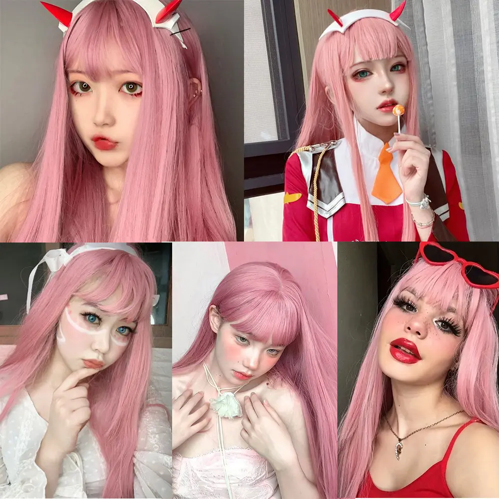 Pink Wig With Bangs For Women Long Straight Light Pink Hair Heat Resistant Synthetic Wigs For Girls Party Cosplay And Daily
