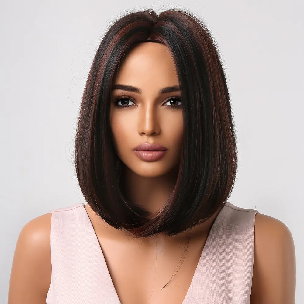Short Bob Synthetic Wigs for Women Dark Brown With Red Brown Highlights Straight Hair Wigs for Daily Party Heat Resistant Fiber